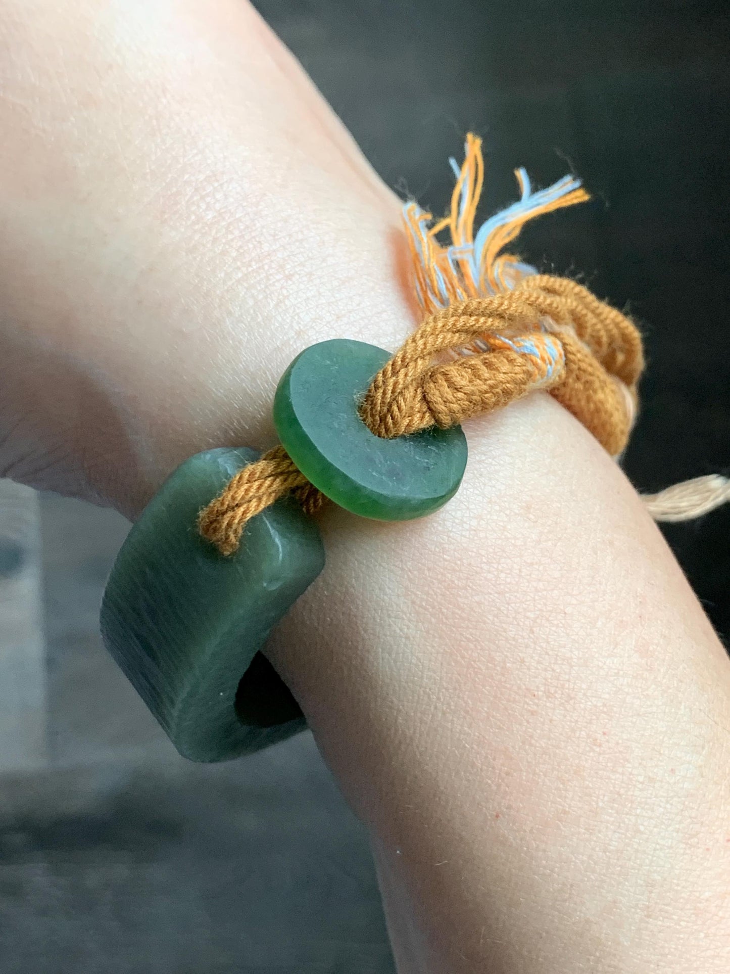 Natural Grade A Nephrite Jade Cuff Rope Bracelet Translucent Dusty Olive Green Adjustable 30g HTY-D