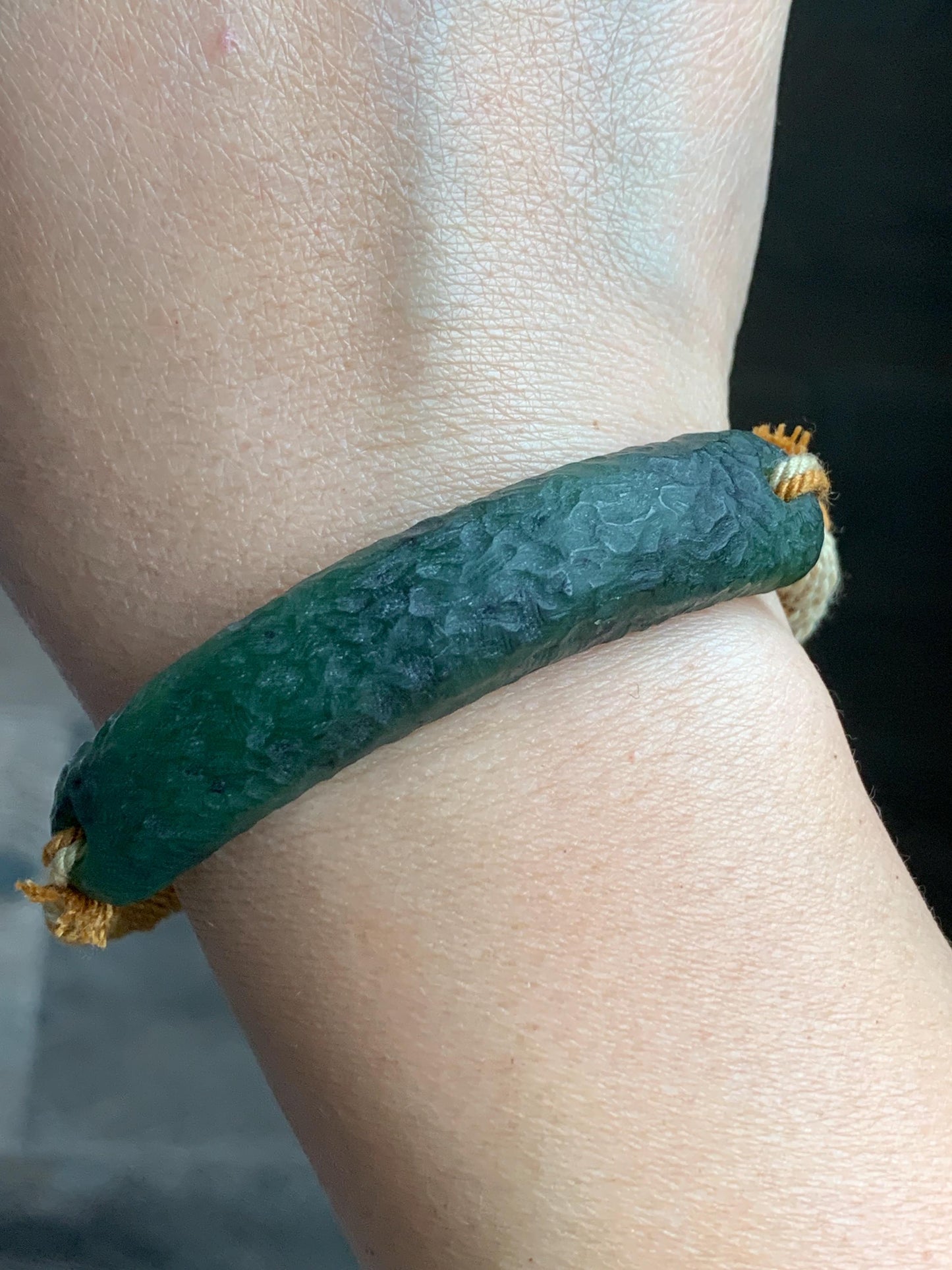 Natural Grade A Nephrite Jade Cuff Rope Bracelet Translucent Dark Green Adjustable 7" 22g HTY-E