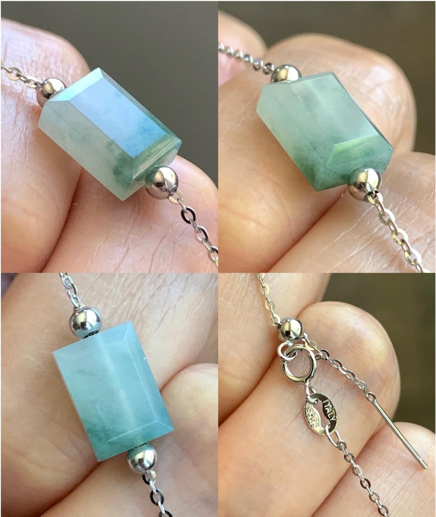 Natural Grade A Icy Translucent Light Green Marbled Jadeite Charm Sterling Silver Chain Bracelet adjustable 7.5” 天然冰晴飘花翡翠切割面方糖针式银手链 FTPH