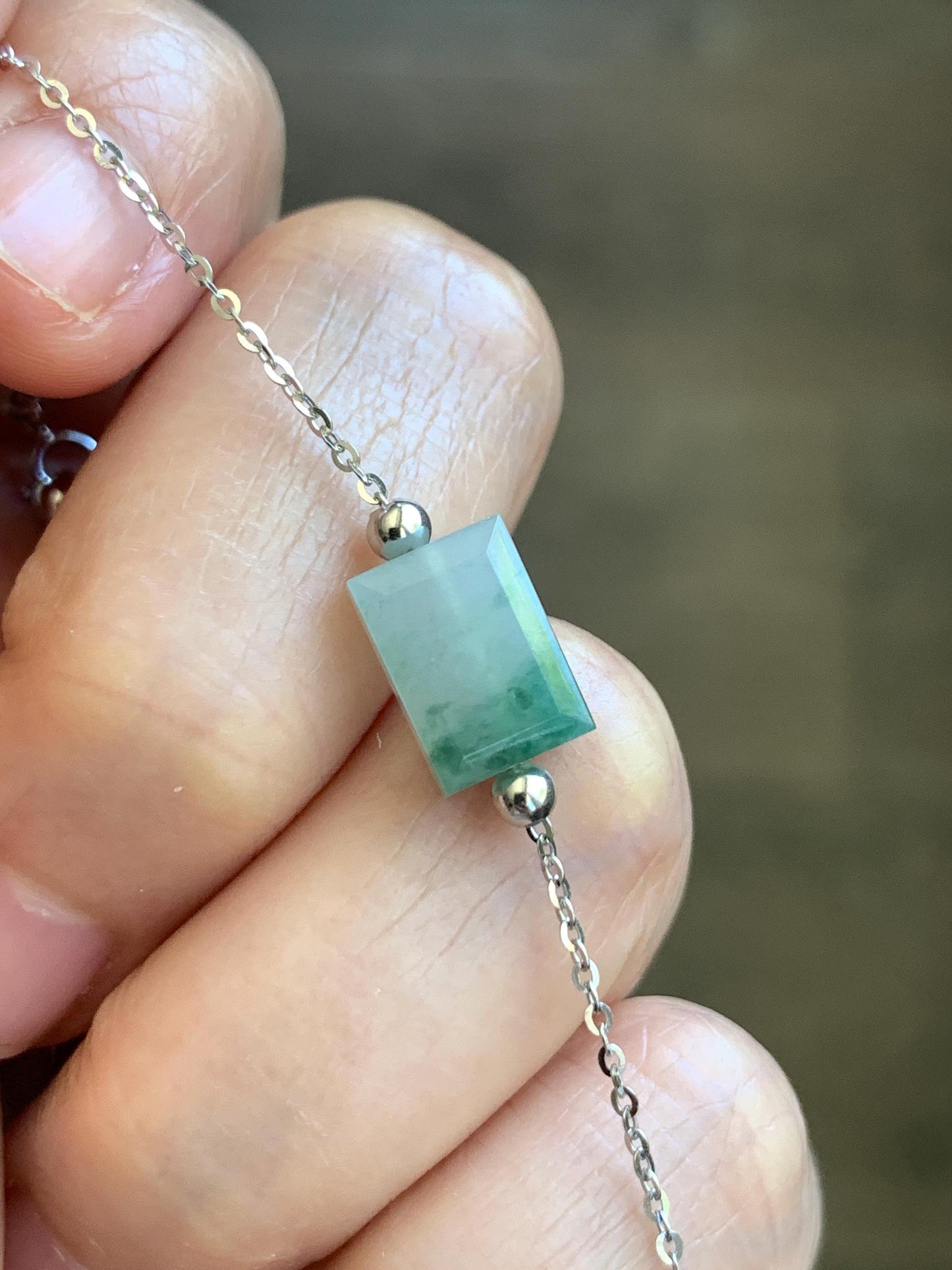Natural Grade A Icy Translucent Light Green Marbled Jadeite Charm Sterling Silver Chain Bracelet adjustable 7.5” 天然冰晴飘花翡翠切割面方糖针式银手链 FTPH