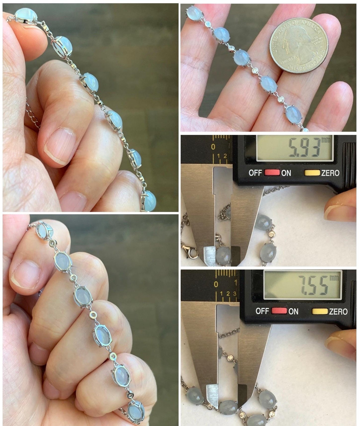 Natural Grade A Icy Translucent Gelatinous Pastel Purple Jadeite Link Chain Bracelet Sterling Silver 6.5”-7.75” 4g 天然冰浅紫底翡翠蛋面银镶手链 MDZL120