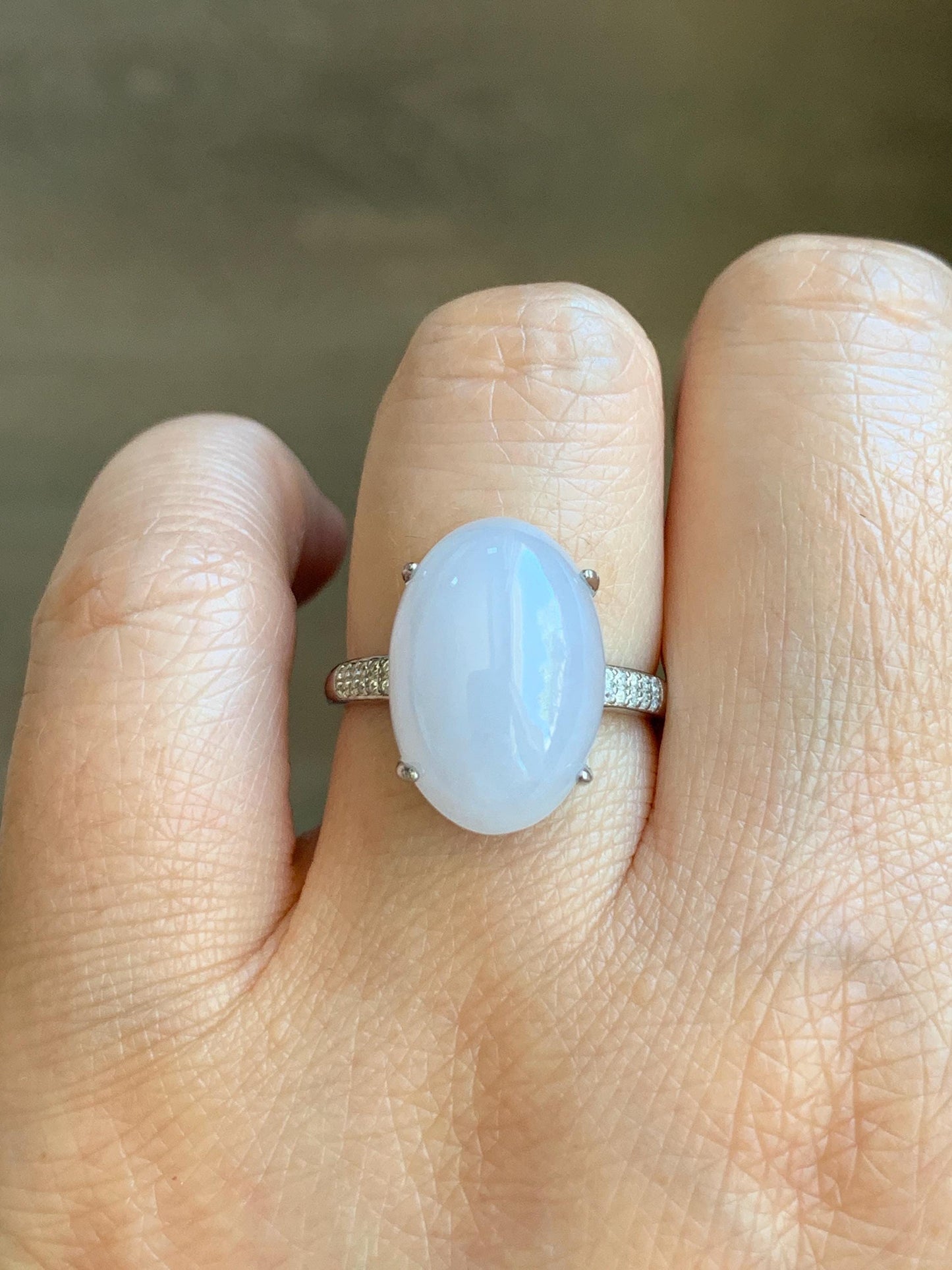 Natural Grade A Icy Translucent Pastel Purple Undertone Jadeite Oval Cabochon Ring Sterling Silver Size Adjustable 天然冰淡紫底翡翠大蛋面银镶戒指 DDZ-C