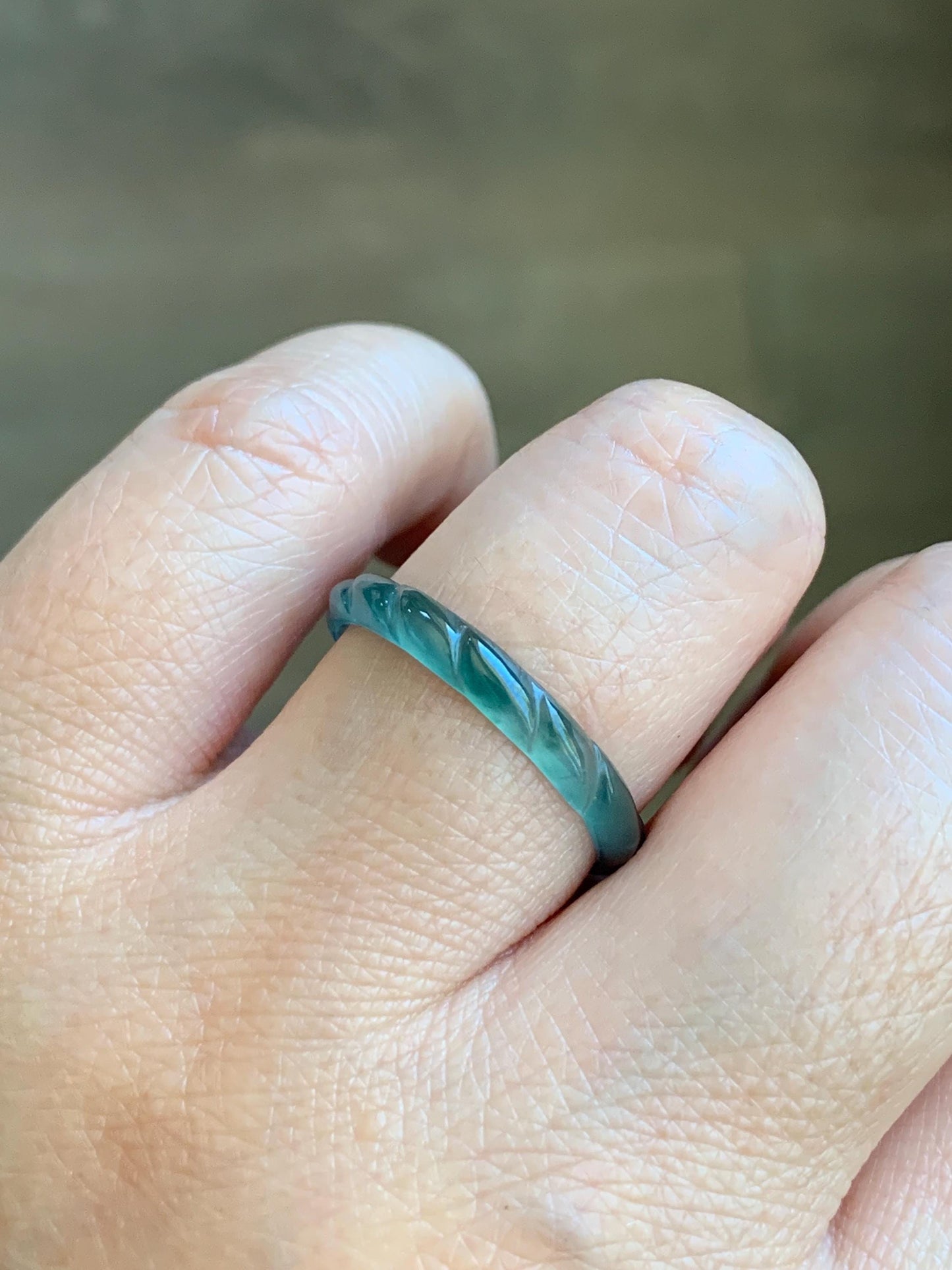 Natural Grade A Guatemalan Icy Highly Translucent Dark Teal Green Jade Jadeite Carved Braid Band Ring Size 9 US 天然冰危深蓝绿翡翠麻花戒圈 MHJ55C