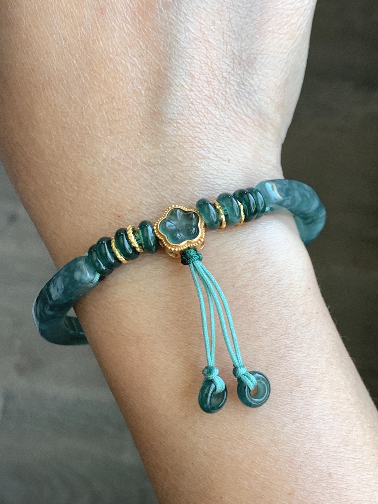 Natural Grade A Guatemalan Icy Translucent Teal Blue Jade Jadeite Open Bangle Bracelet Sterling Silver Charms 60.8mm 24g 天然冰胶危深蓝绿翡翠半镯 WSL249