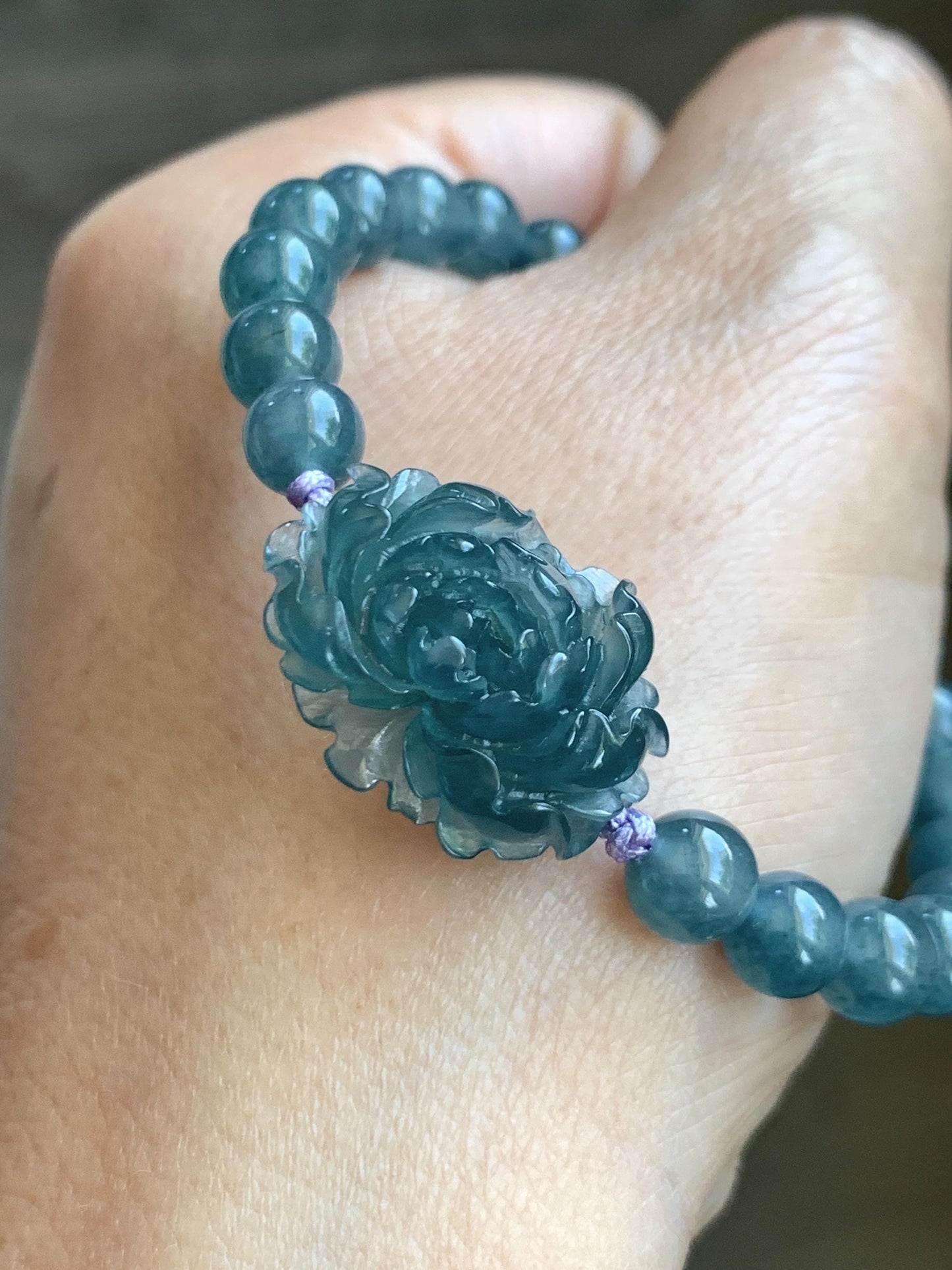 Certified Grade A Natural Guatemalan Icy Translucent Gelatinous Aegean Blue Jadeite Peony Flower Beaded Bracelet 6.75” 天然冰危蓝翡翠牡丹花圆珠手串 1516