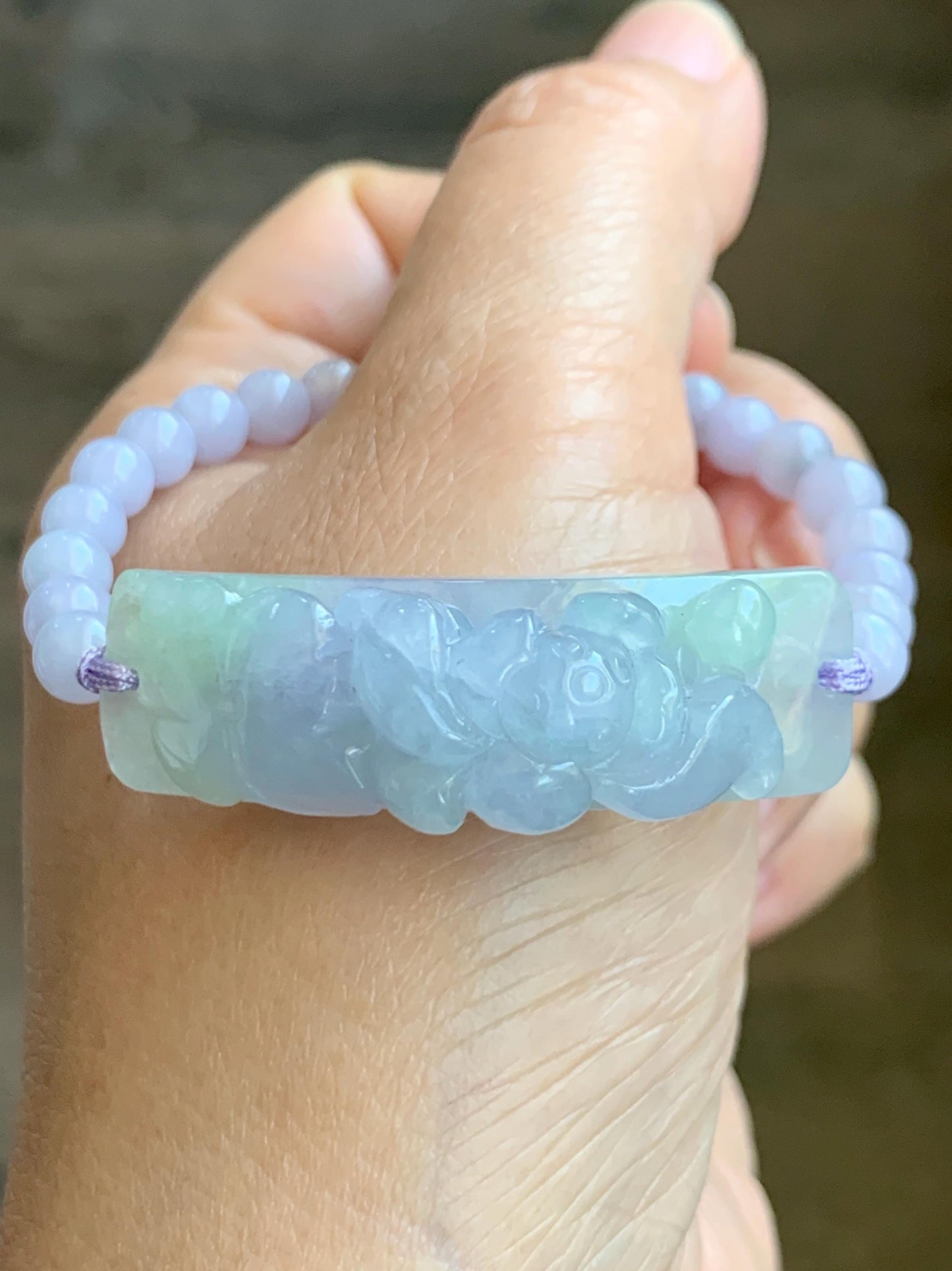 Certified Natural Grade A Icy Translucent Pastel Spring Colored Jadeite Carved Lotus Flower Cuff Beaded Bracelet 6.75” 天然冰胶春彩翡翠莲花手牌手串 0350