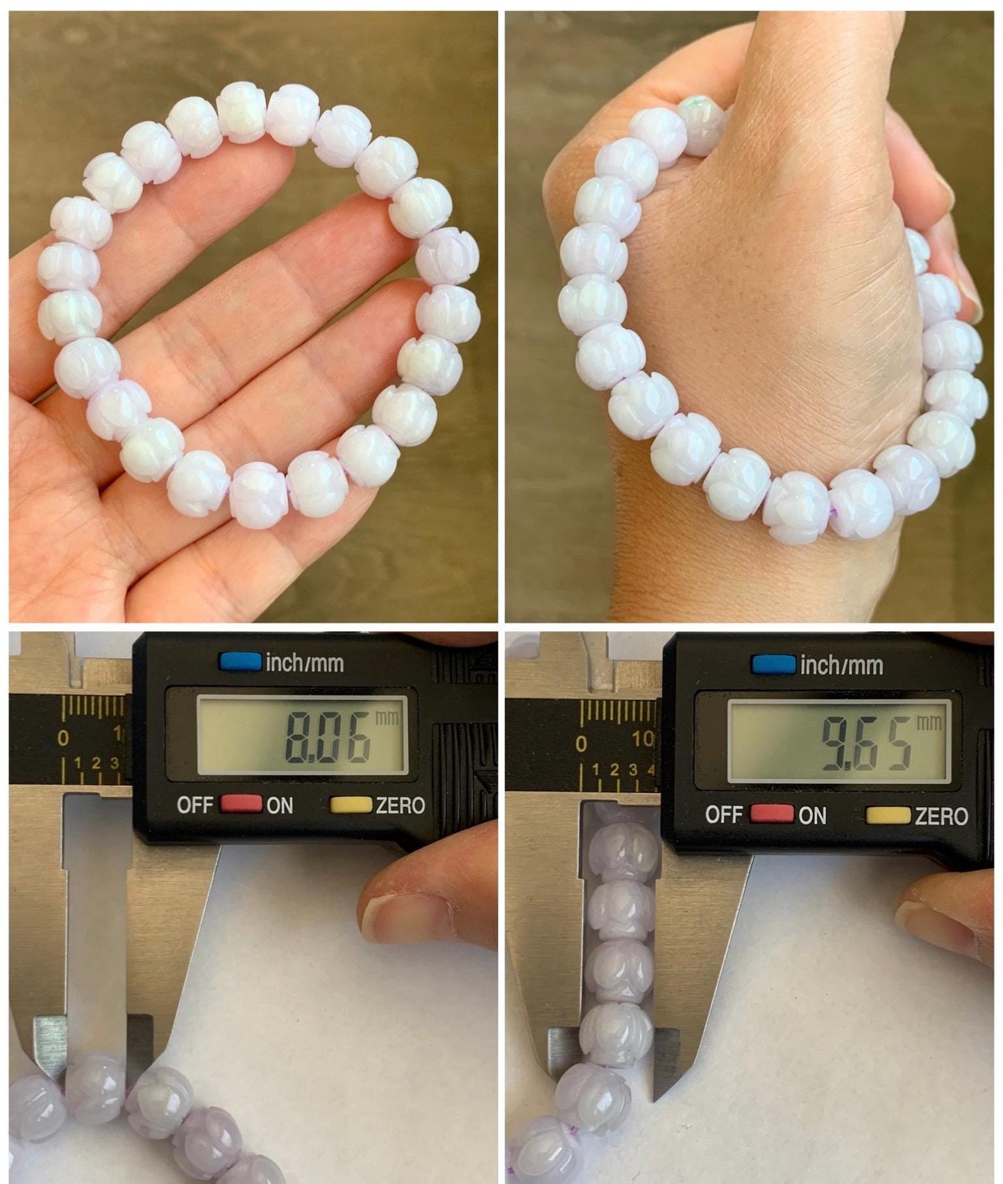 Natural Grade A Icy Translucent White Jadeite w/ Pastel Purple Undertone Lotus Flower beads Beaded Bracelet 6.75” 天然糯冰淡紫底翡翠莲花珠手串 DZLH370A