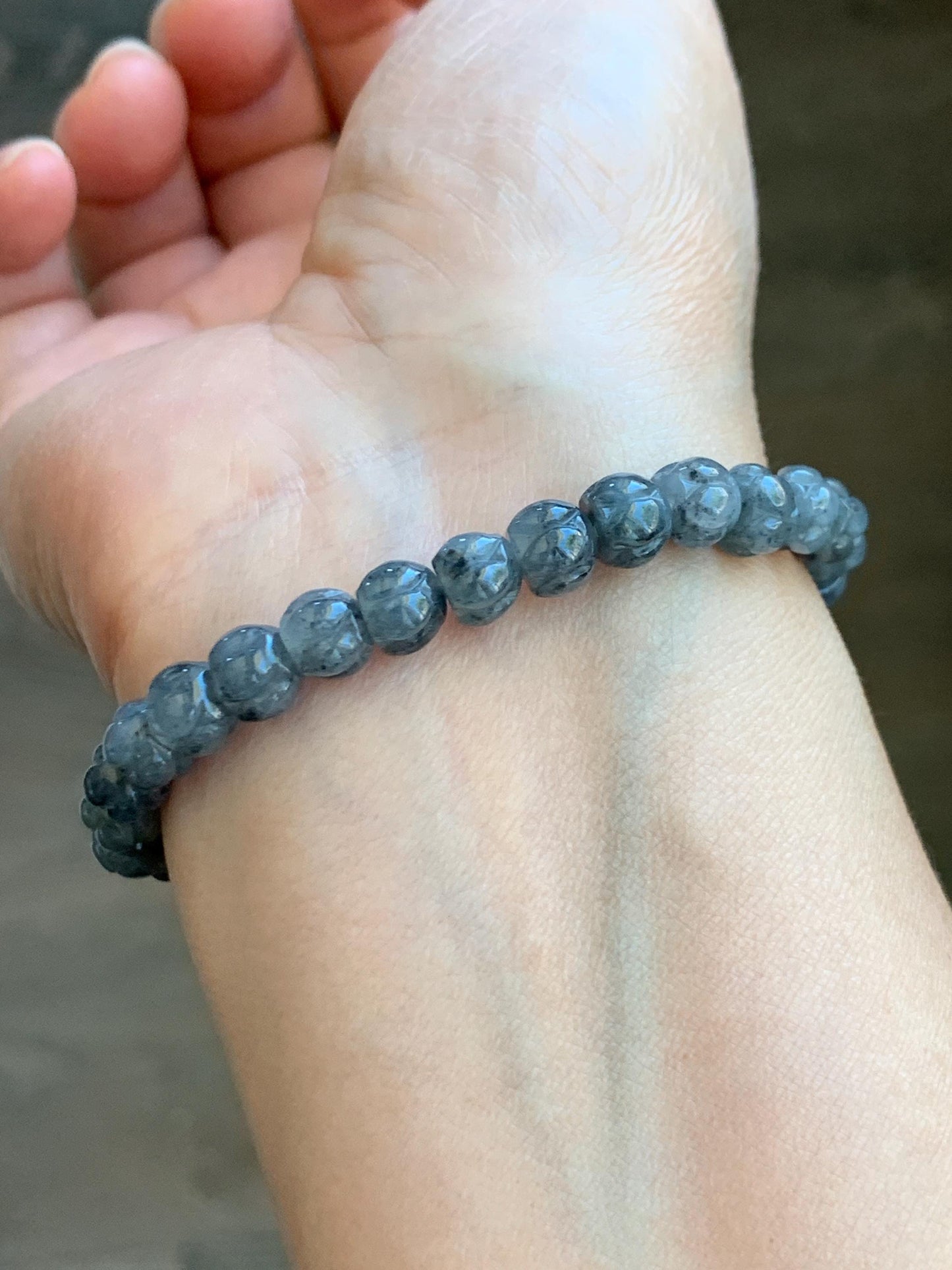 Natural Grade A Icy Translucent Gelatinous Wuji Jadeite Carved Lotus Flower Beads Beaded Bracelet 6.75” 15g 天然冰乌鸡翡翠莲花珠手串 WJLH360A