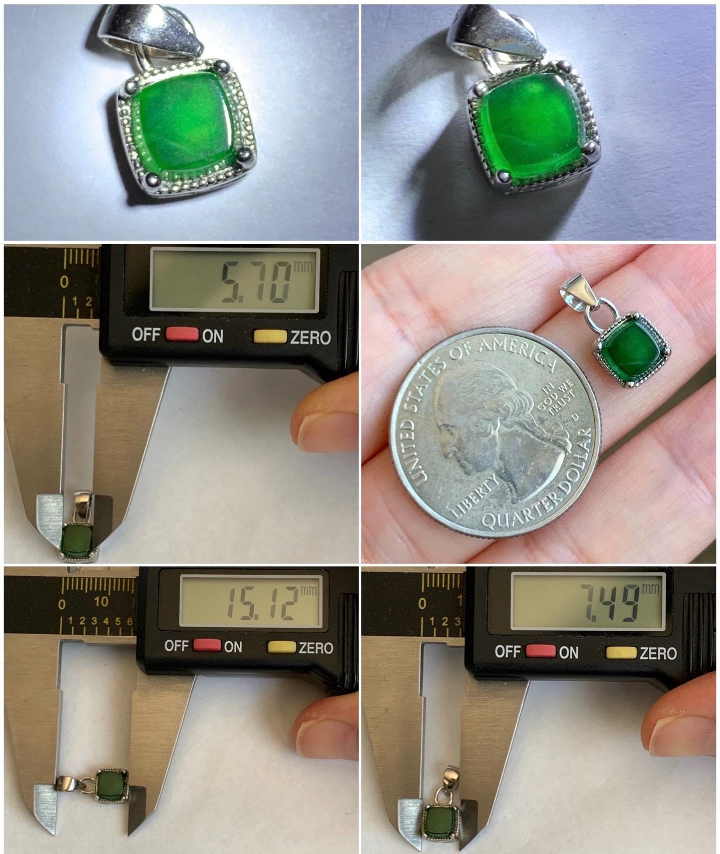 Natural Grade A Guatemalan Icy Highly Translucent Vibrant Green Jadeite Petite Square Pendant Sterling Silver 天然冰危绿翡翠方糖银镶吊坠 WLFT85