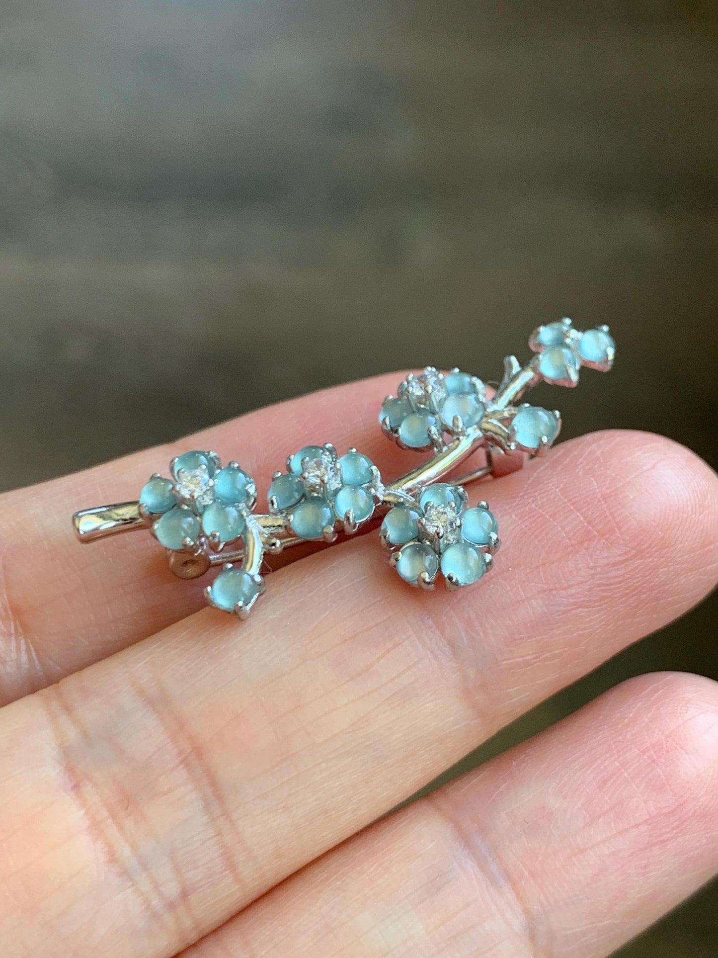 Certified Natural Guatemalan Icy Highly Translucent Light Blue Jadeite Cherry Blossom Brooch S925 Sterling Silver 天然冰危淡蓝起光翡翠银镶梅花枝胸针 3823