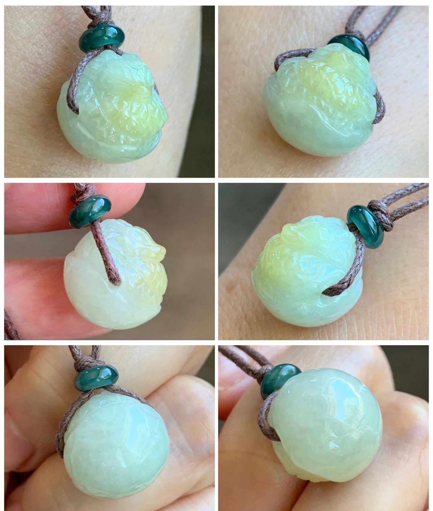 Natural Grade A Icy Translucent Yellow Marbled Jade Jadeite Baby Dragon Dragon Egg Pendant Rope Necklace 25” 7g 天然冰黄翡翠破壳龙宝宝珠吊坠项链 MHLD89