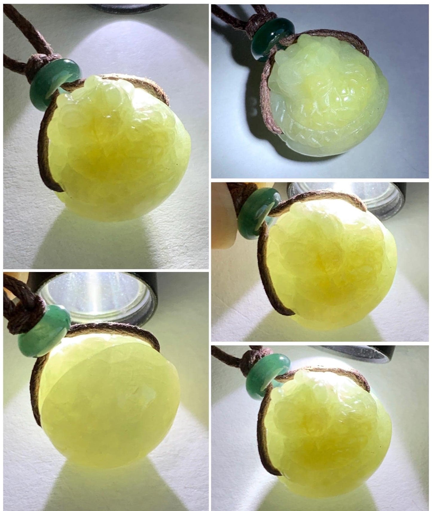 Natural Grade A Icy Translucent Yellow Marbled Jade Jadeite Baby Dragon Dragon Egg Pendant Rope Necklace 25” 7g 天然冰黄翡翠破壳龙宝宝珠吊坠项链 MHLD89