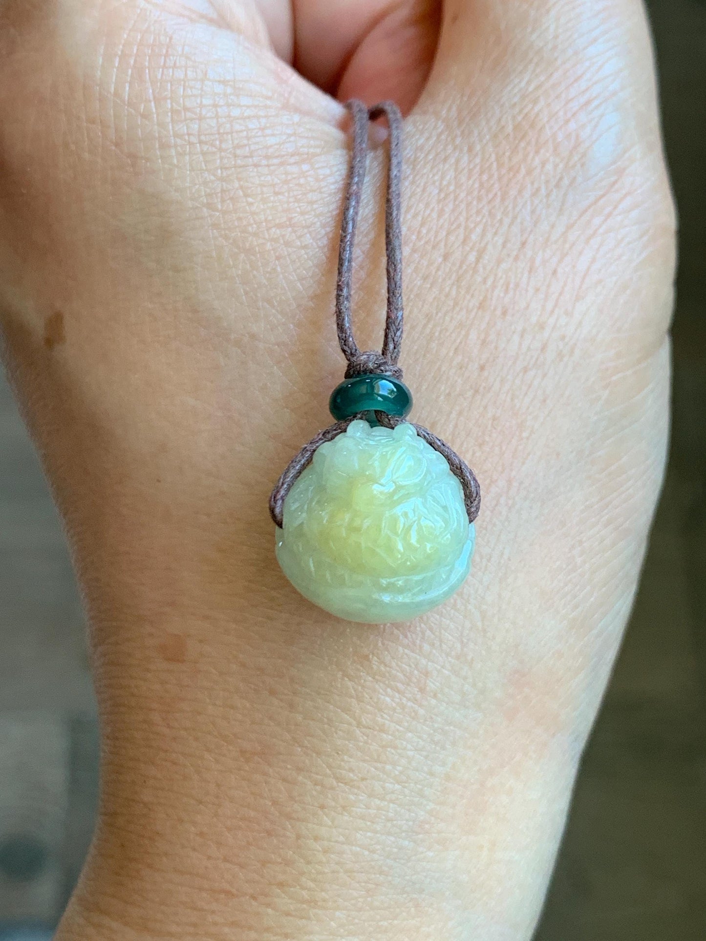 Natural Grade A Icy Translucent Yellow Marbled Jade Jadeite Baby Dragon Dragon Egg Pendant Rope Necklace 25” 7g 天然冰黄翡翠破壳龙宝宝珠吊坠项链 MHLD89