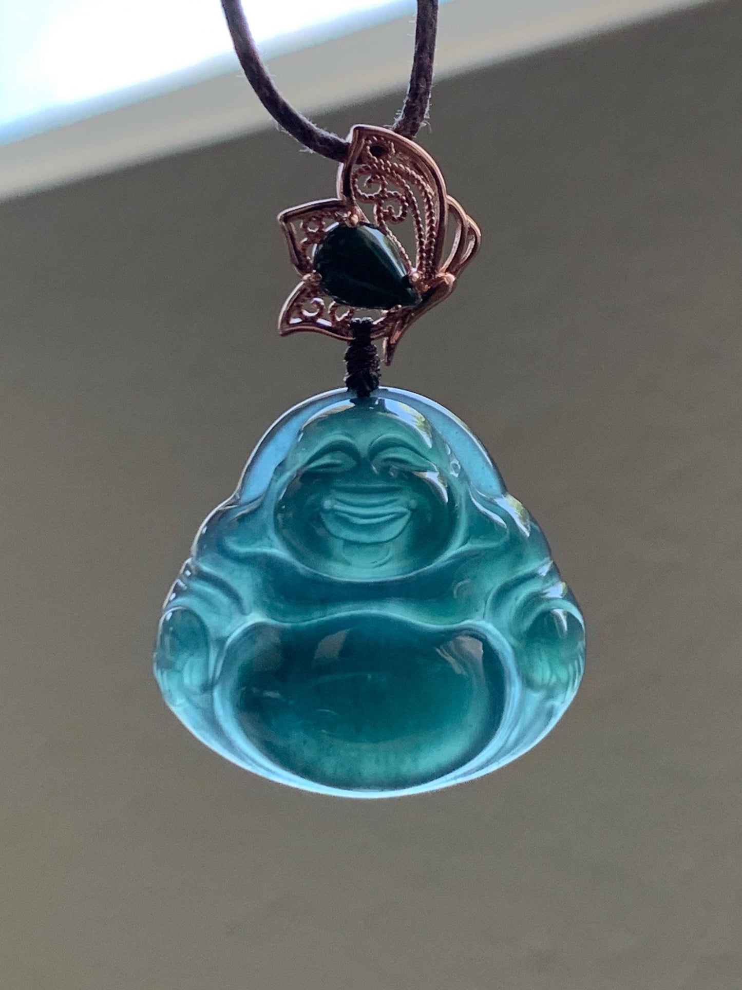 Natural Grade A Guatemalan Icy Translucent Dark Indigo Blue Jadeite Buddha Pendant Green Jadeite Bail Sterling Silver 天然冰危老种深蓝翡翠佛公危绿顶珠吊坠 NZF