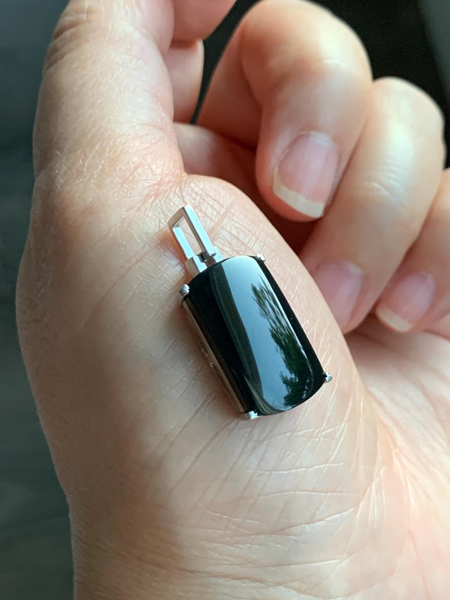 Certified Natural Grade A Opaque Intense Black Jadeite Wu Shi Pai Saddle Cabochon Pendant Sterling Silver 4g 天然墨翠银镶马鞍无事牌封底吊坠 7418