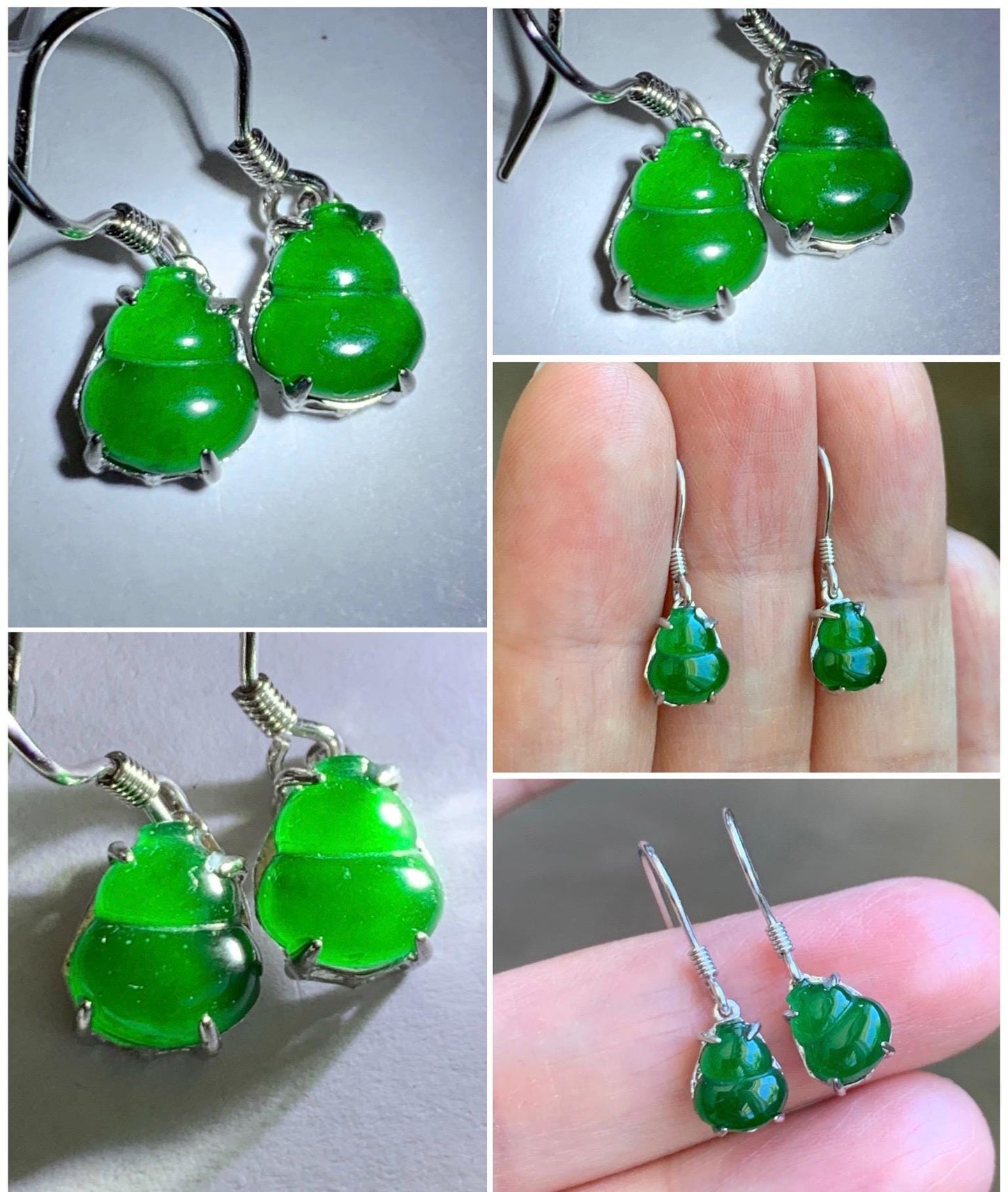 Natural Grade A Guatemalan Icy Translucent Vibrant Green Jade Jadeite Petite Hulu Gourd Dangle Earrings Sterling Silver 天然冰危绿翡翠葫芦银耳钉 WLG120
