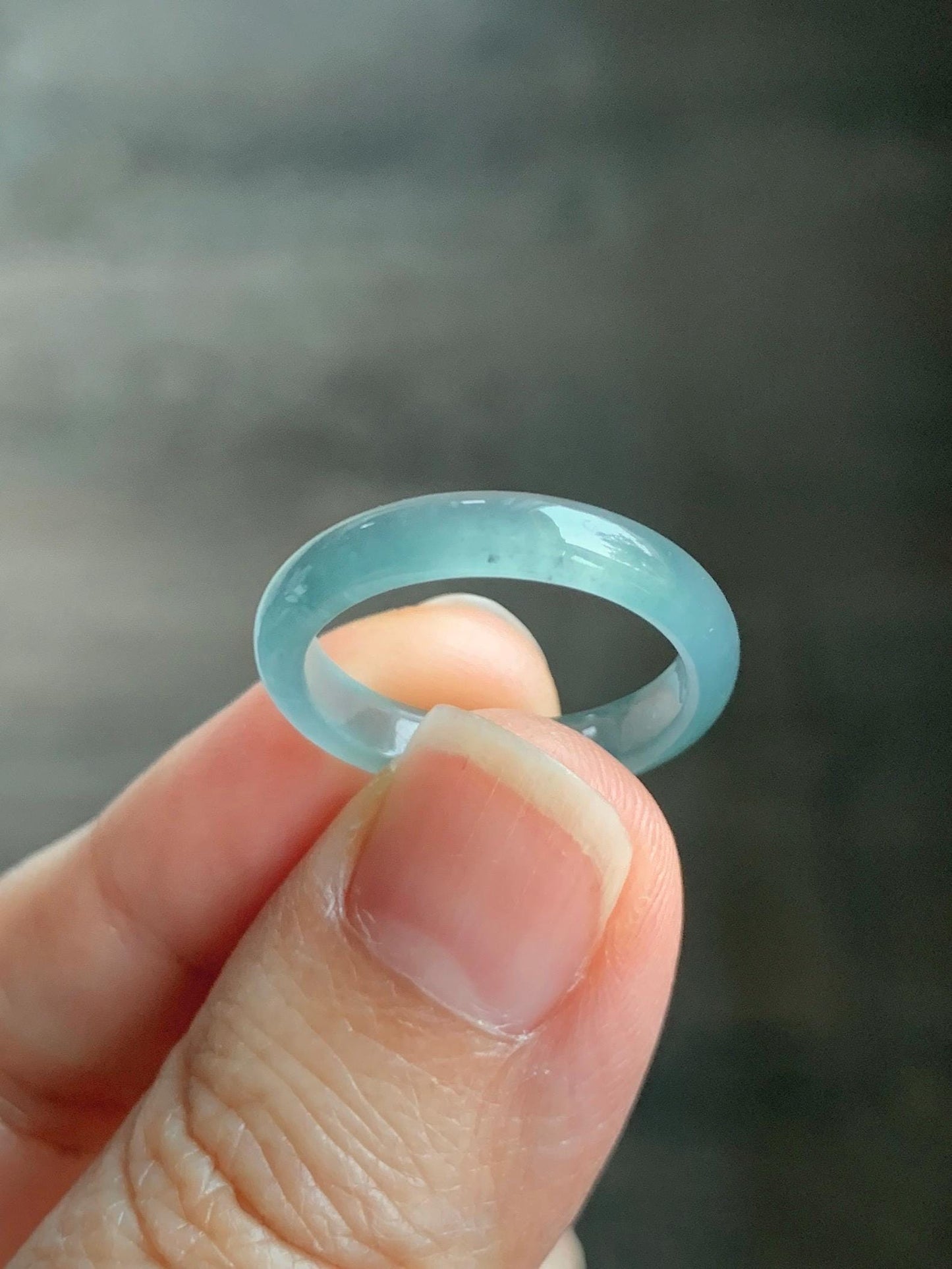 Natural Grade A Guatemalan Icy Highly Translucent Gelatinous Pastel Teal Blue Jade Jadeite Band Ring Size 6.75 US 天然冰危淡蓝起光翡翠戒圈 WZC44-I