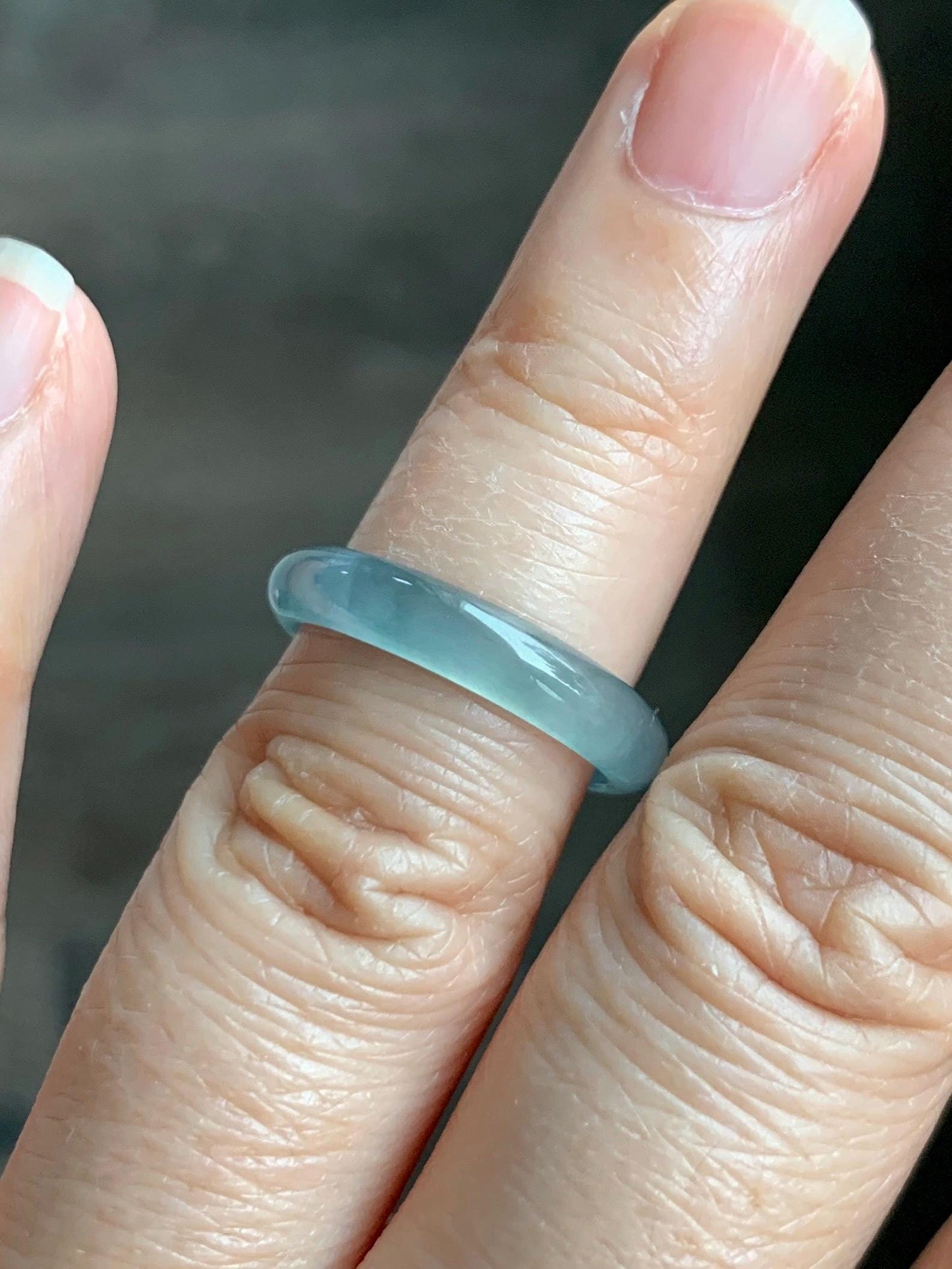 Natural Grade A Guatemalan Icy Highly Translucent Gelatinous Pastel Teal Blue Jade Jadeite Band Ring Size 6.75 US 天然冰危淡蓝起光翡翠戒圈 WZC44-J