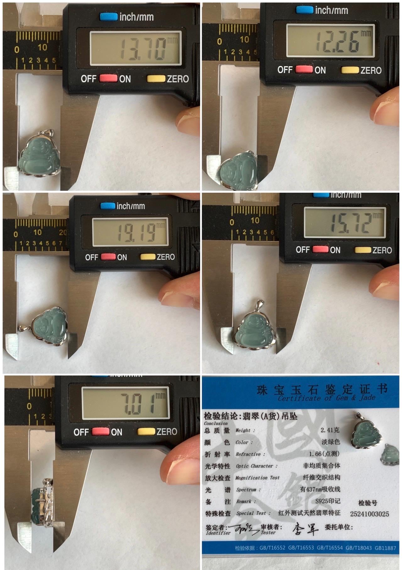 Certified Natural Guatemalan Icy Highly Translucent Light Teal Blue Jadeite Buddha Petite Pendant Sterling Silver 天然老种高冰危蓝绿翡翠起光佛公镶嵌吊坠 3025