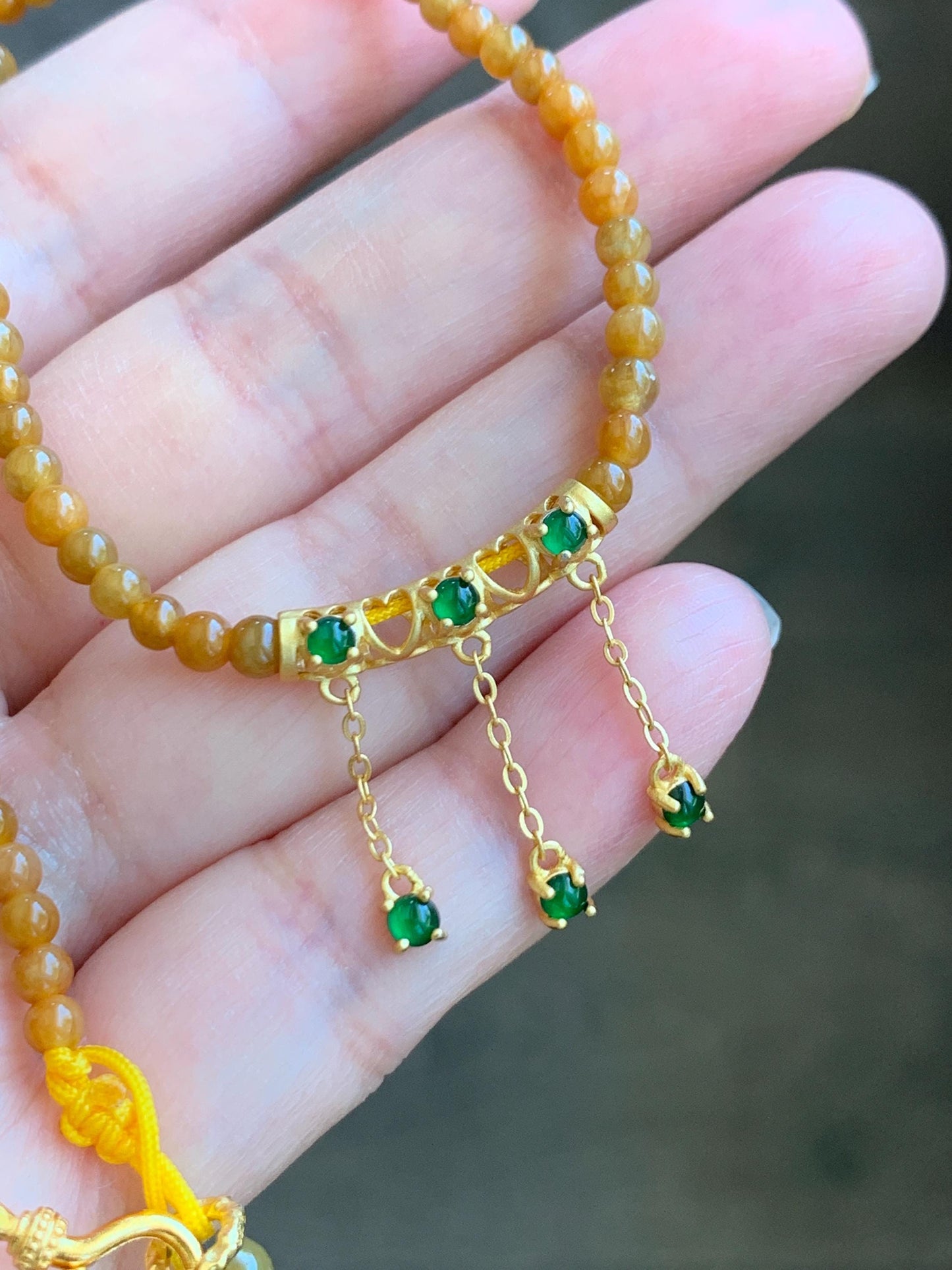 Natural Grade A Icy Translucent Intense Yellow Jadeite Petite Beads Sterling Silver Charm Beaded Necklace 17.5" 10g 天然冰油黄翡翠小圆珠冰危绿翡翠项链 JYH531