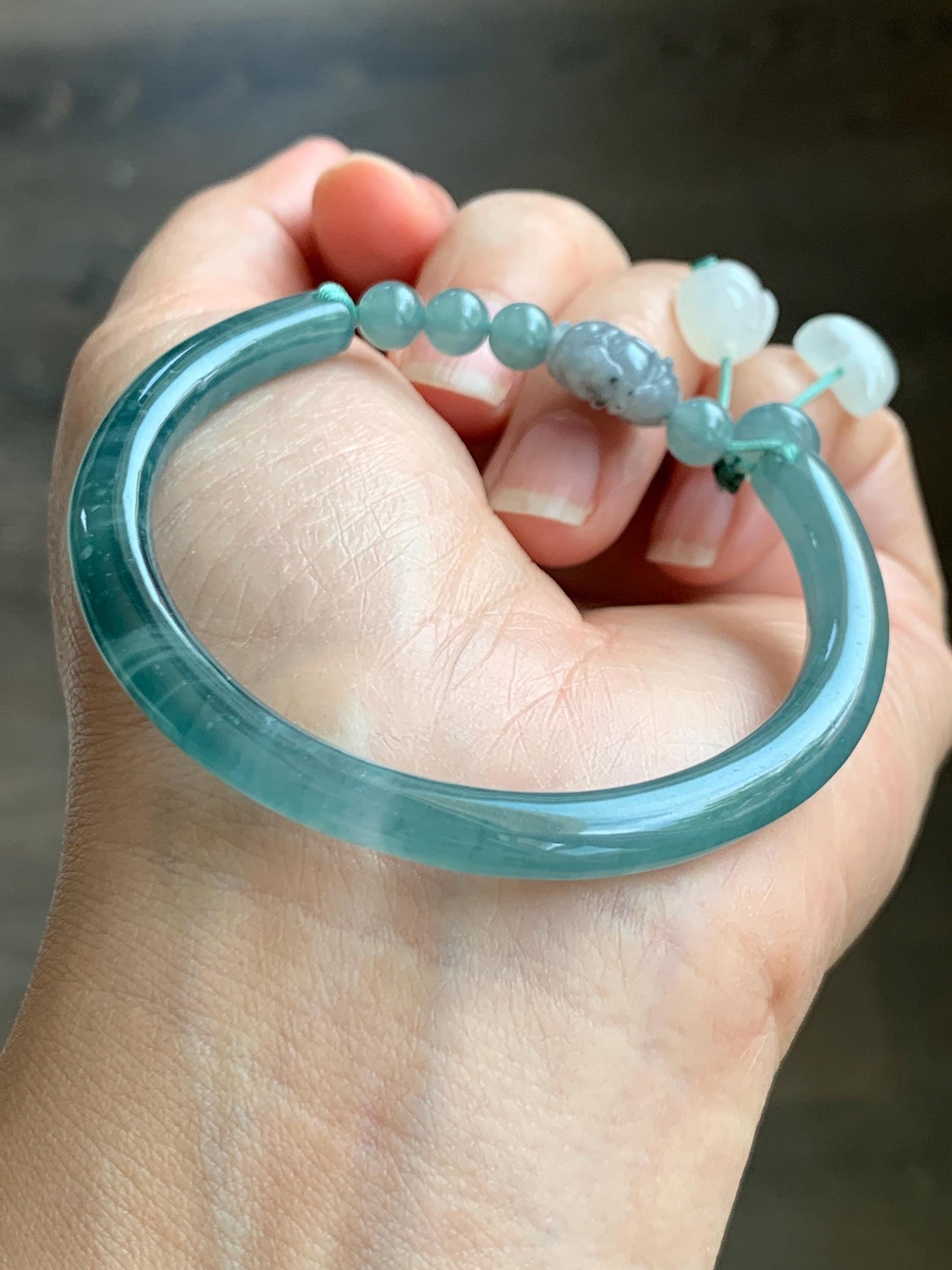 Natural Grade A Guatemalan Icy Highly Translucent Light Blue Jade Jadeite Open Bangle Bracelet Ruyi Lock Charms 54mm 18g 天然冰胶危浅蓝翡翠半镯 WTL397