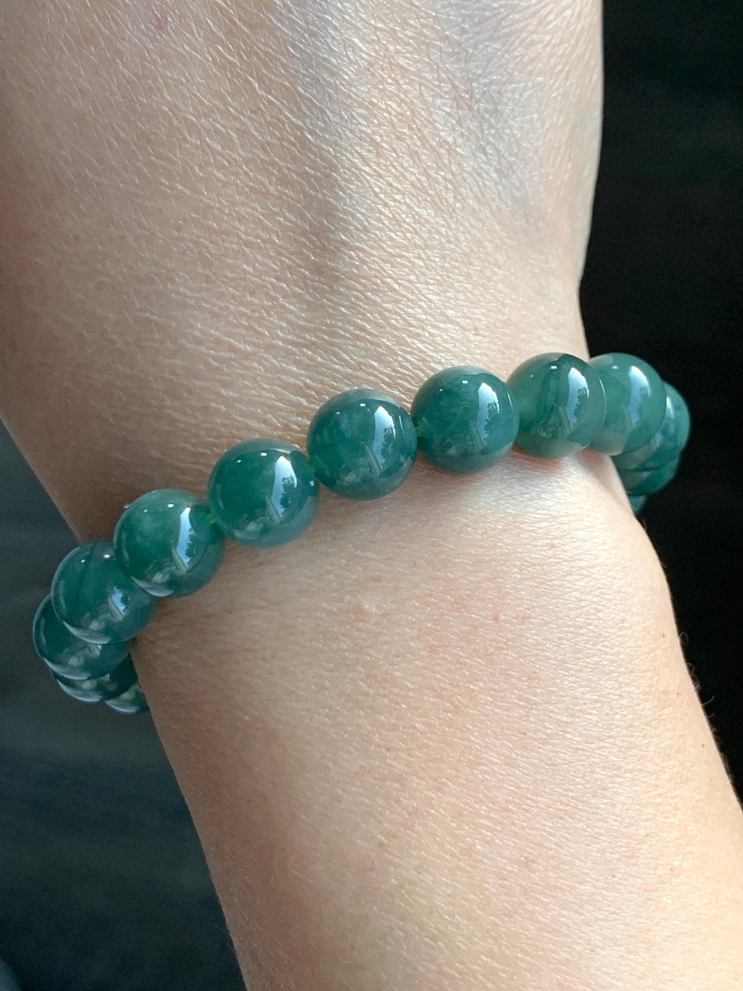 Natural Grade A Guatemalan Icy Translucent Dark Teal Green Jade Jadeite Beaded Bracelet Stretchy 9.9mm 7.25” 32g 天然冰危深蓝绿翡翠圆珠手串 SWL120