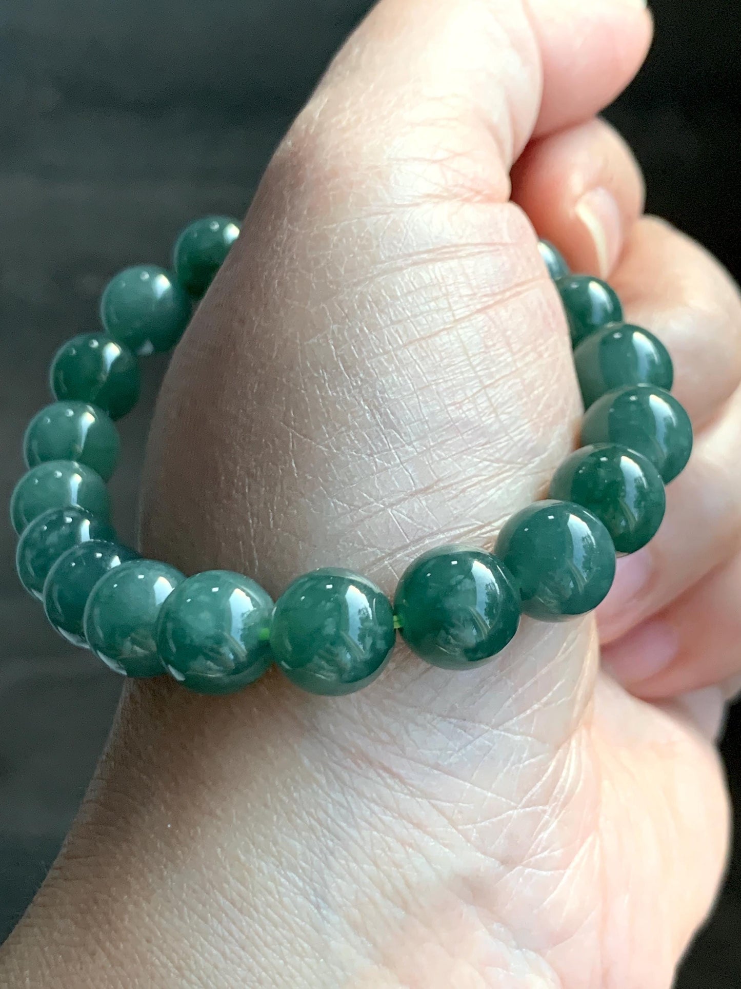 Natural Grade A Guatemalan Icy Translucent Dark Teal Green Jade Jadeite Beaded Bracelet Stretchy 9.9mm 7.25” 32g 天然冰危深蓝绿翡翠圆珠手串 SWL120