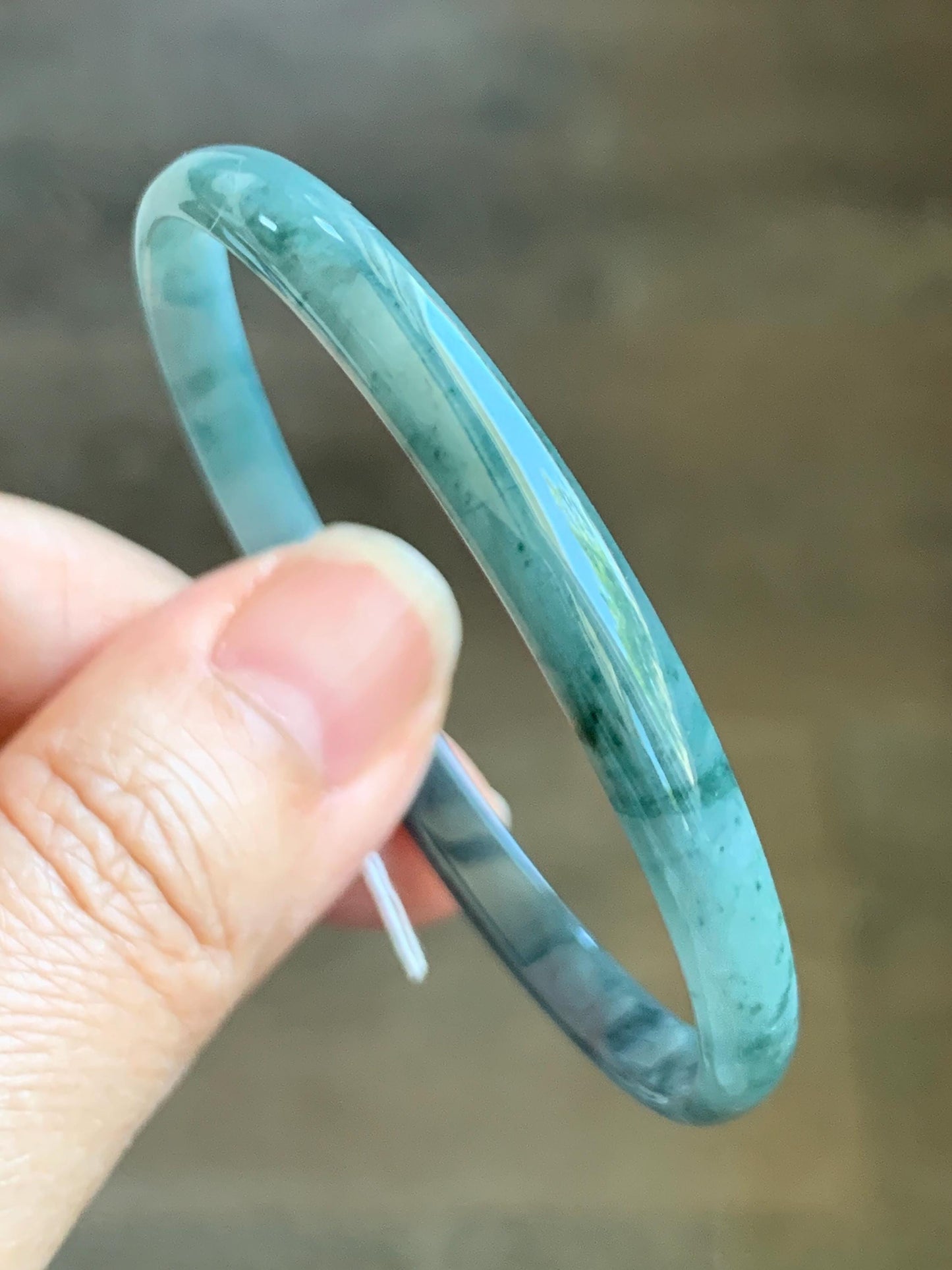 Certified Natural Grade A Guatemalan Icy Translucent Dusty Teal Blue Wuji Marbled Jadeite Slim Bangle Bracelet 52mm 6.72g 天然冰危蓝乌鸡细款翡翠手镯 7097