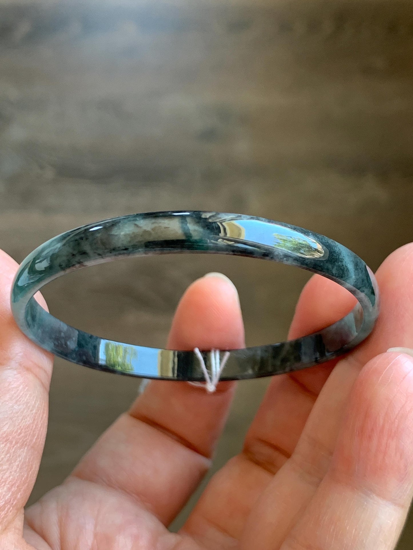 Certified Natural Grade A Guatemalan Icy Translucent Dark Teal Blue Wuji Marbled Jadeite Slim Bangle Bracelet 52.2mm 8g 天然冰危蓝乌鸡细款翡翠手镯 7098