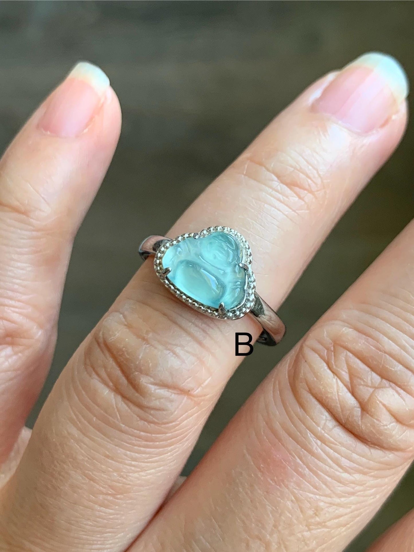 Natural Guatemalan Garde A Icy Highly Translucent Pastel Blue Jadeite Petite Buddha Ring Sterling Silver Adjustable 天然高冰危浅蓝翡翠小佛公银镶戒指 WLP55