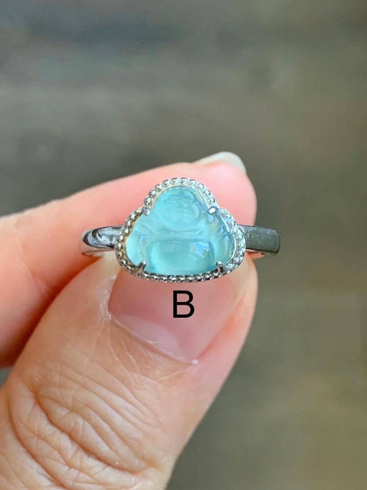 Natural Guatemalan Garde A Icy Highly Translucent Pastel Blue Jadeite Petite Buddha Ring Sterling Silver Adjustable 天然高冰危浅蓝翡翠小佛公银镶戒指 WLP55