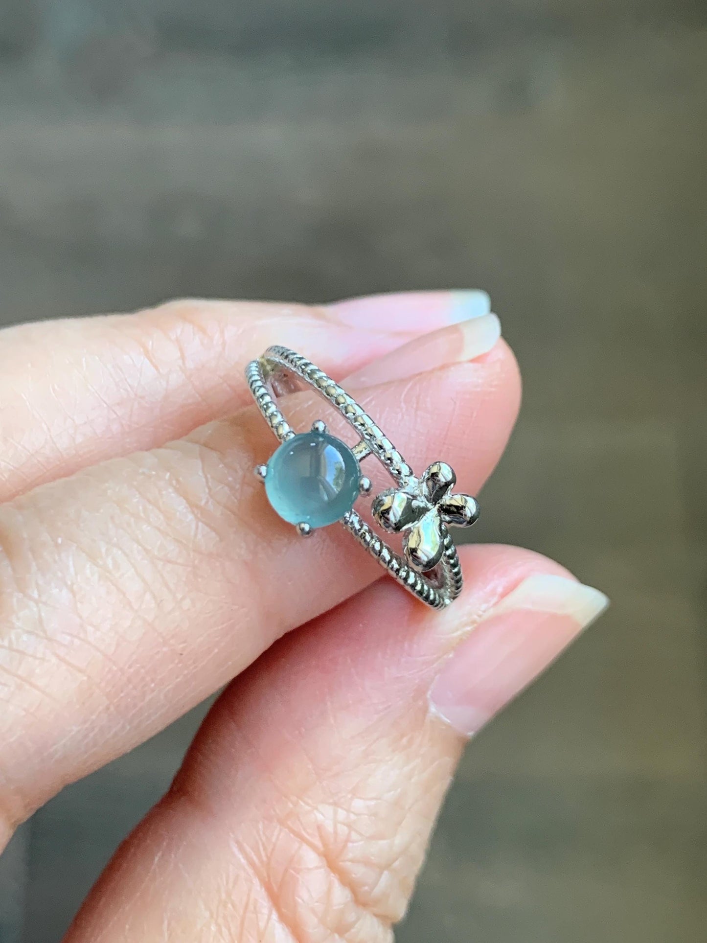 Natural Grade A Guatemalan Icy Highly Translucent Pastel Blue Jadeite Ring Sterling Silver Size 7 Adjustable 天然冰危淡蓝翡翠开口银镶戒指 MWL150A