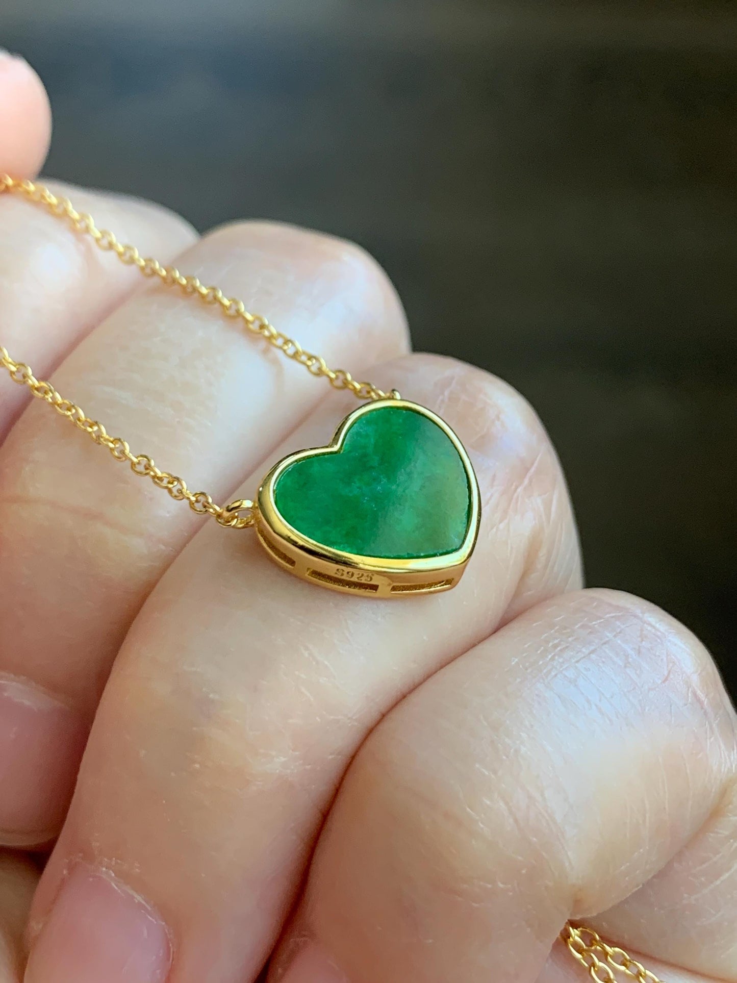 Certified Natural Grade A Translucent Vibrant Green Jadeite Heart Pendant Necklace Sterling Silver YG Overlay 天然花青爱心翡翠蛋面银镶锁骨链套链 1668