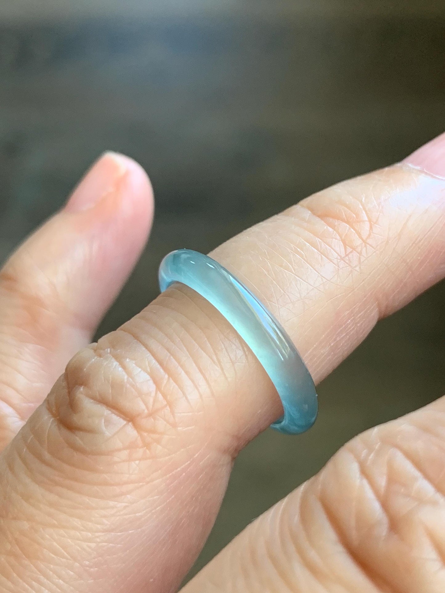 Natural Grade A Guatemalan Premium Icy Highly Translucent Pastel Teal Blue Jade Jadeite Band Ring Size 6 US 天然冰危蓝绿起冰起光翡翠戒圈 XQL44C