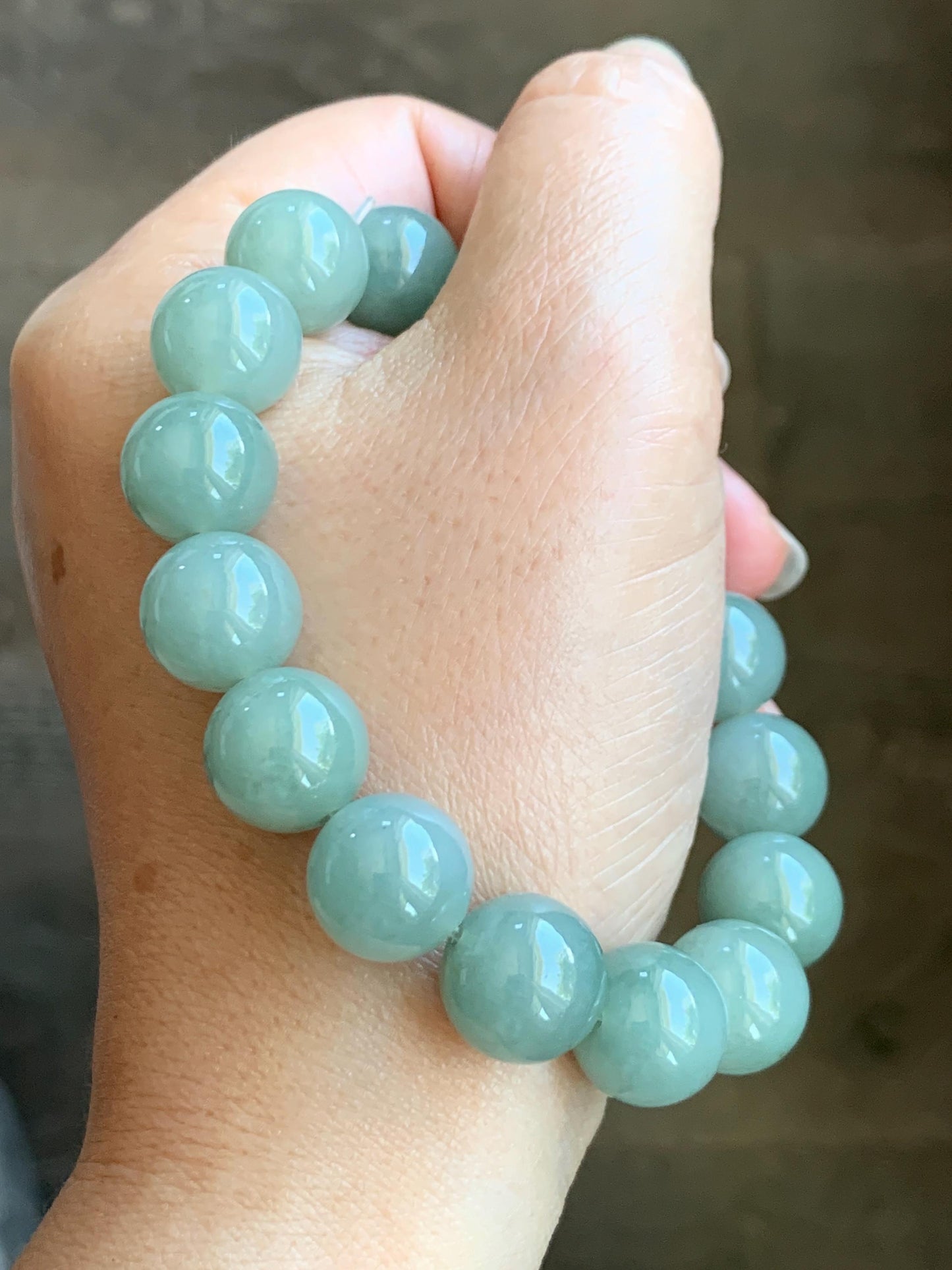 Natural Grade A Icy Translucent Pastel Dusty Green Jade Jadeite Large Beads Beaded Bracelet Stretchy 7.5” 58g 天然冰细糯油青翡翠大卡手串 MYQ650C