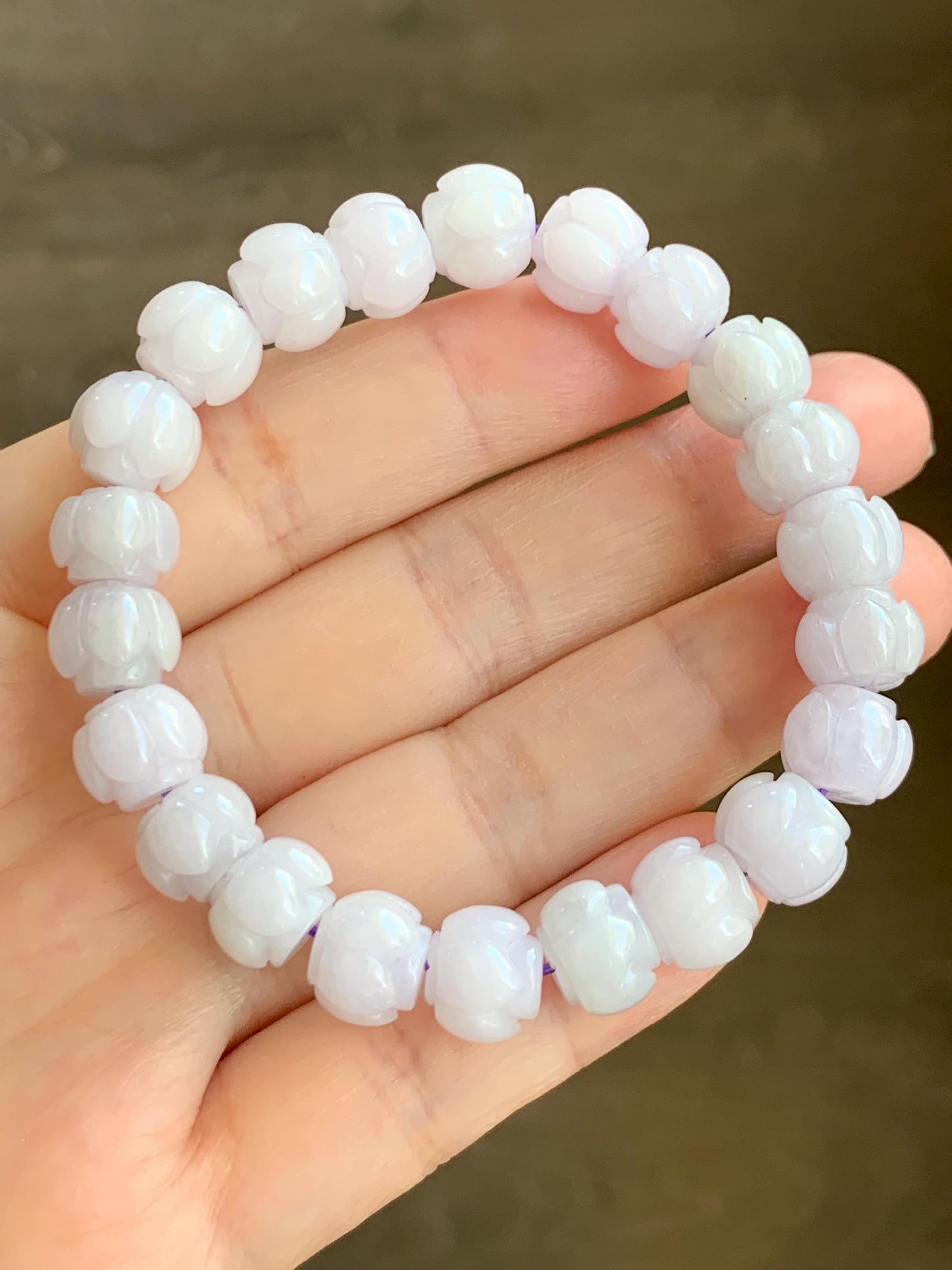 Natural Grade A Icy Translucent White Jadeite w/ Pastel Purple Undertone Lotus Flower beads Beaded Bracelet 6.75” 天然糯冰淡紫底翡翠莲花珠手串 DZLH370B