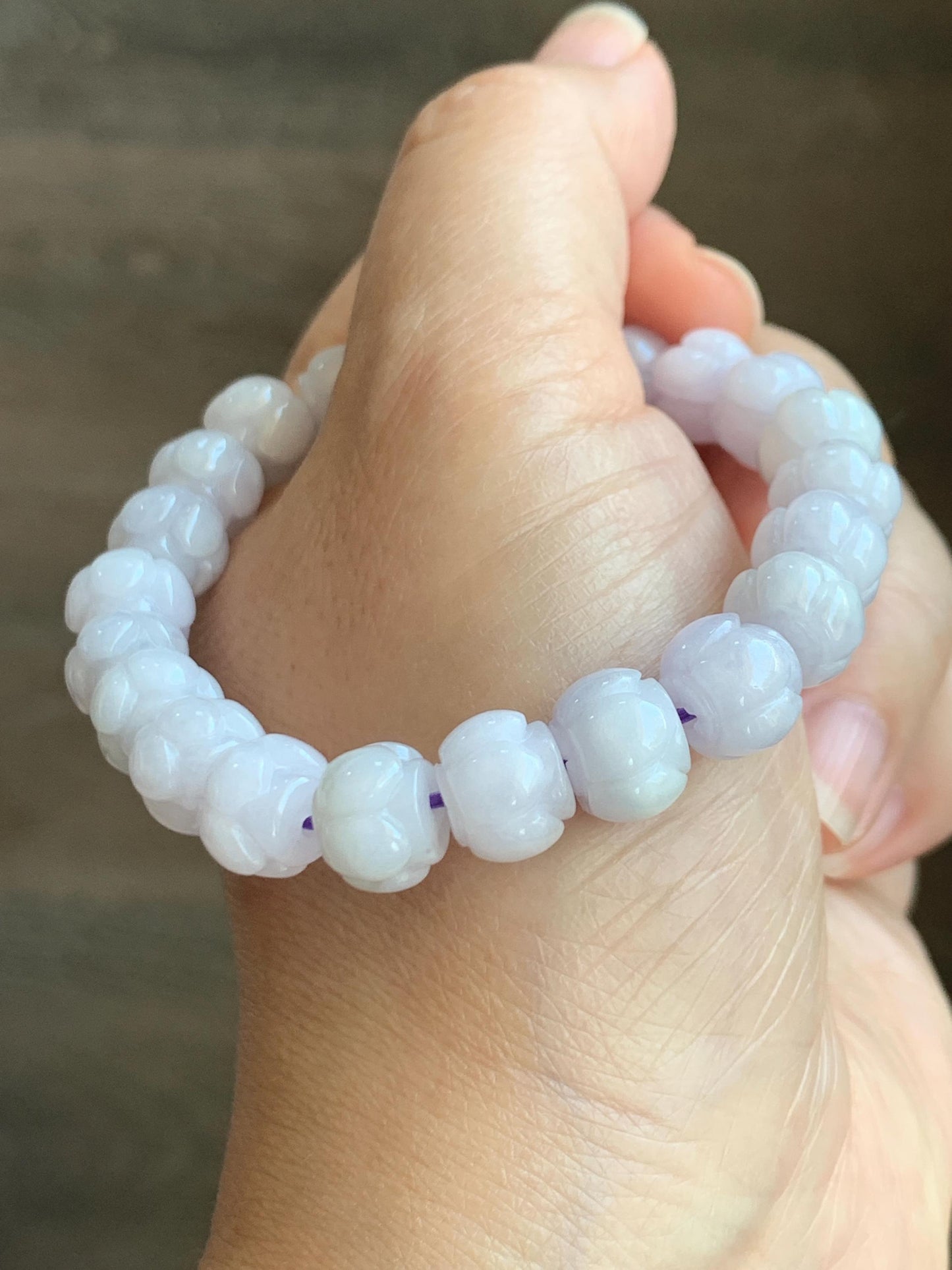 Natural Grade A Icy Translucent White Jadeite w/ Pastel Purple Undertone Lotus Flower beads Beaded Bracelet 6.75” 天然糯冰淡紫底翡翠莲花珠手串 DZLH370B