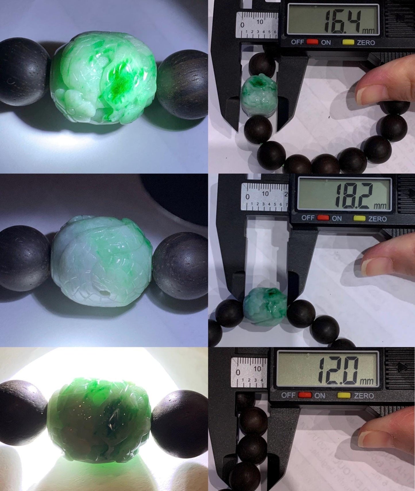 Natural Grade A Icy Green Wuji Marbled Jadeite Carved Snake Cherry Blossom Barrel Bead Beaded Bracelet 7.5" 29g 天然啦绿乌鸡翡翠蛇梅花桶珠木珠手串 LWS129