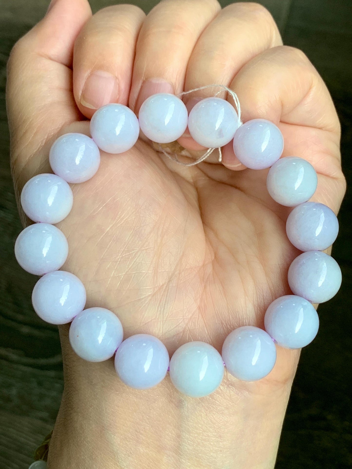 Certified Natural Grade A Icy Translucent Pastel Lavender Jade Jadeite Large Beads Beaded Bracelet 12mm 7” 47.5g 天然冰淡紫底翡翠大卡圆珠手串 1495