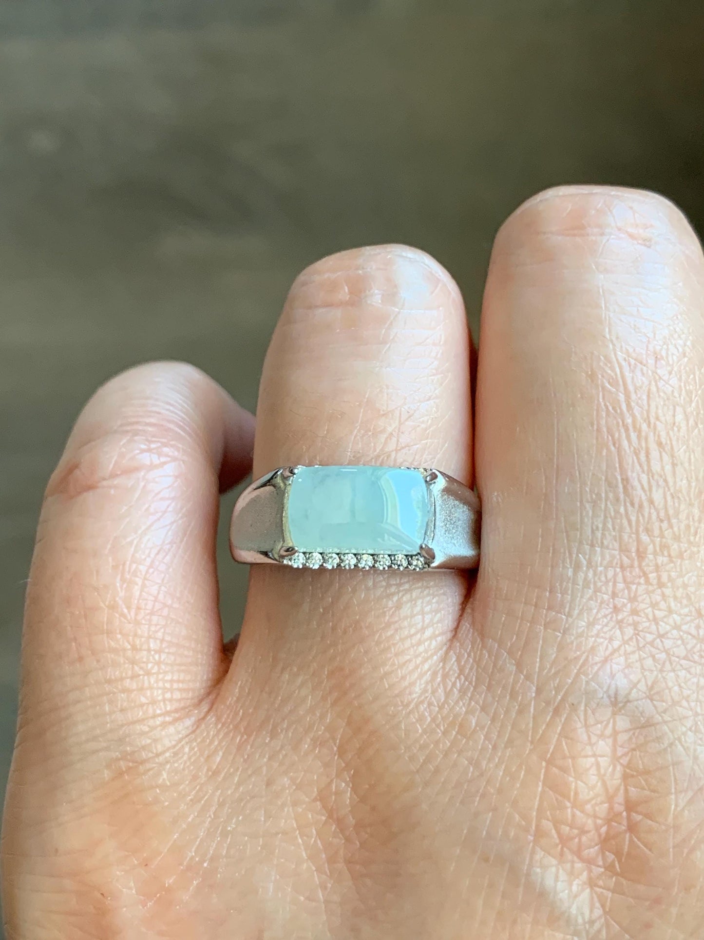 Natural Grade A Icy Translucent Gelatinous Pastel Green Jadeite Saddle Cabochon Ring Sterling Silver Size 8 Adjustable 天然冰胶晴底翡翠马鞍银镶戒指 TMQ107