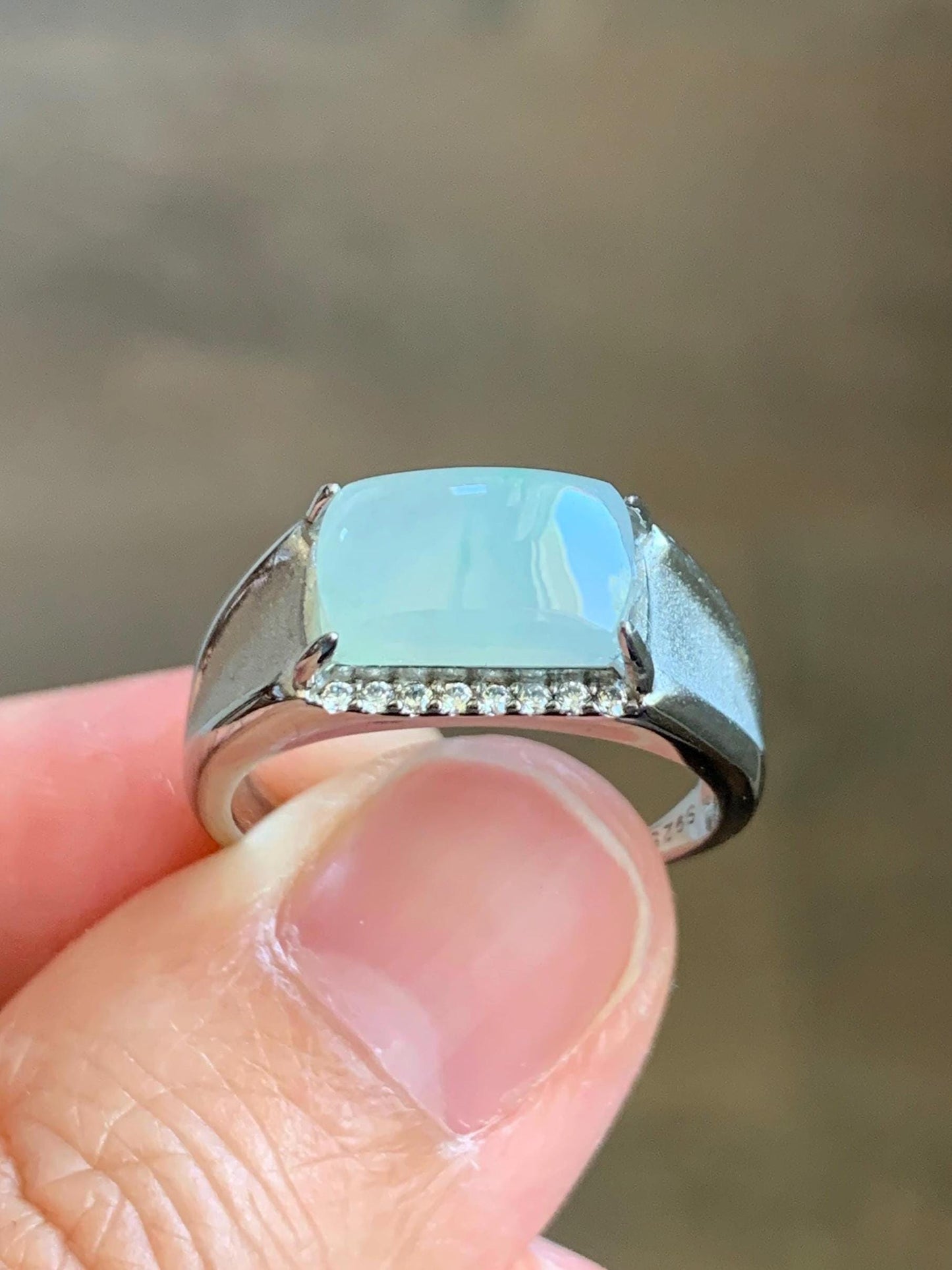 Natural Grade A Icy Translucent Gelatinous Pastel Green Jadeite Saddle Cabochon Ring Sterling Silver Size 8 Adjustable 天然冰胶晴底翡翠马鞍银镶戒指 TMQ107