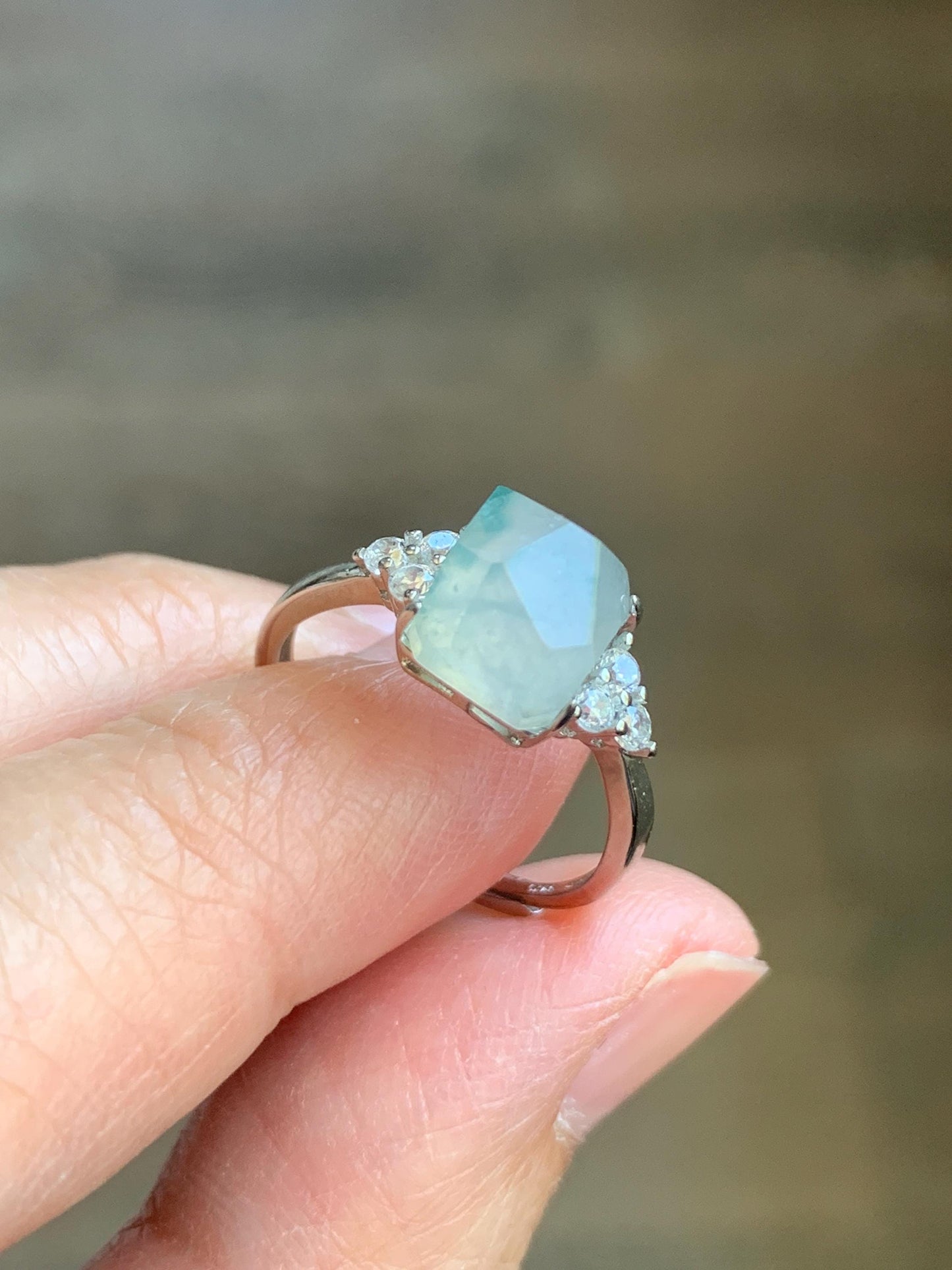 Natural Grade A Icy Translucent Gelatinous Light Green Marbled Faceted Jadeite Ring Sterling Silver Size 7 Adjustable 天然冰胶飘花翡翠切割面银镶戒指 MQG80A
