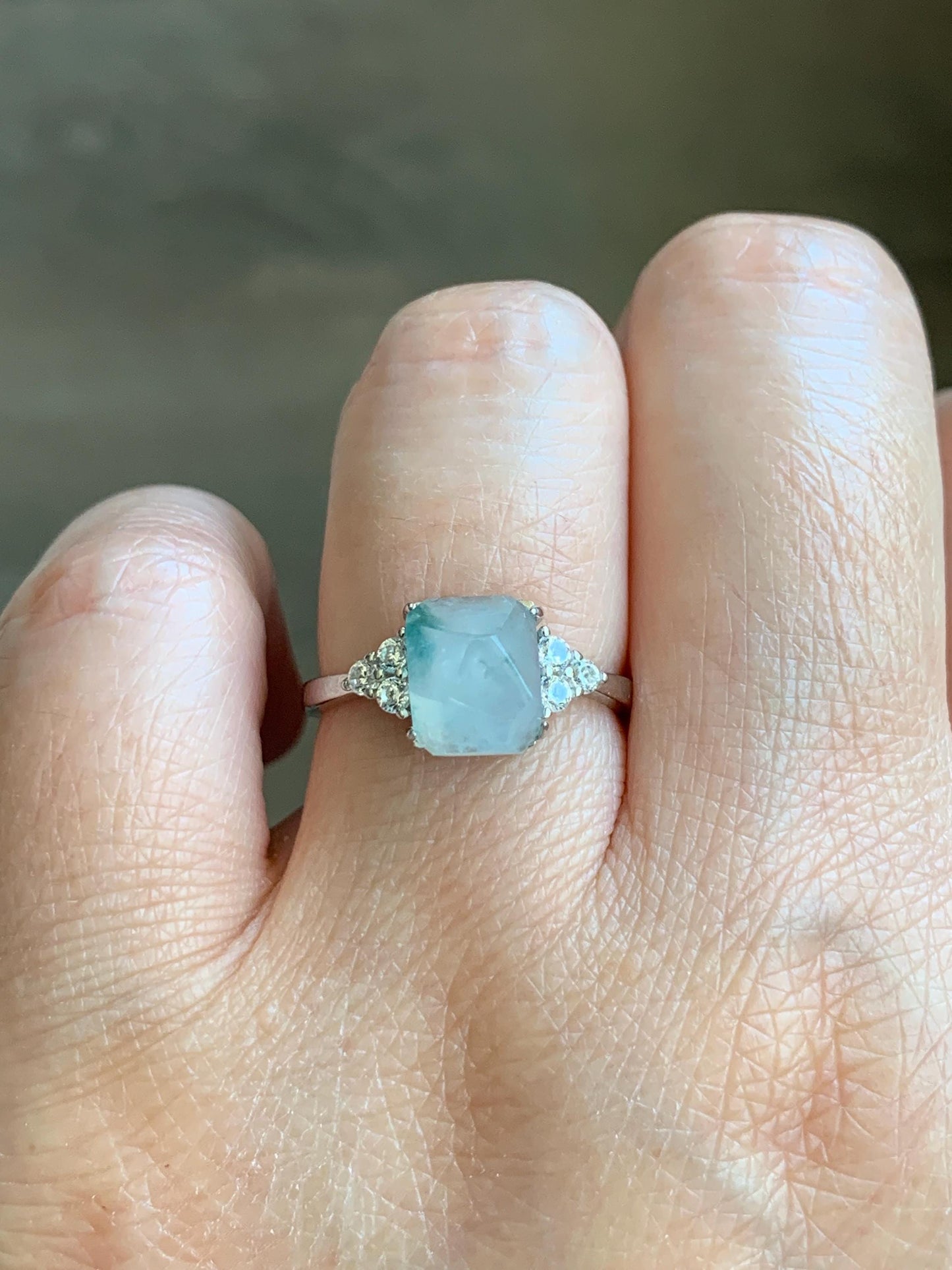 Natural Grade A Icy Translucent Gelatinous Light Green Marbled Faceted Jadeite Ring Sterling Silver Size 7 Adjustable 天然冰胶飘花翡翠切割面银镶戒指 MQG80A