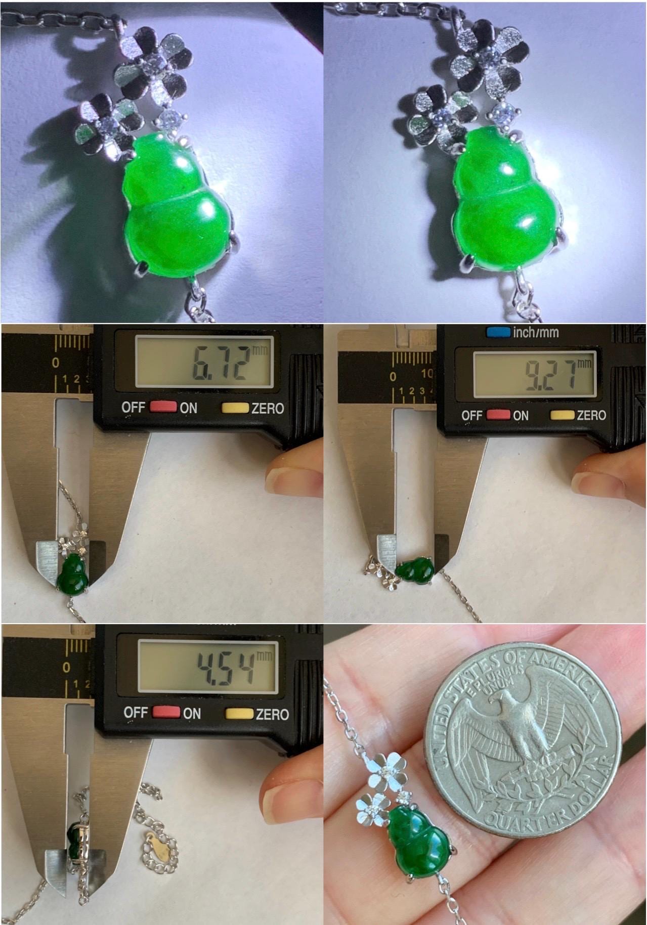 Natural Grade A Guatemalan Icy Translucent Vibrant Green Gourd Hulu Jadeite Flower Chain Bracelet Sterling Silver 6.5" 天然冰危绿翡翠葫芦梅花银手链 HGG160