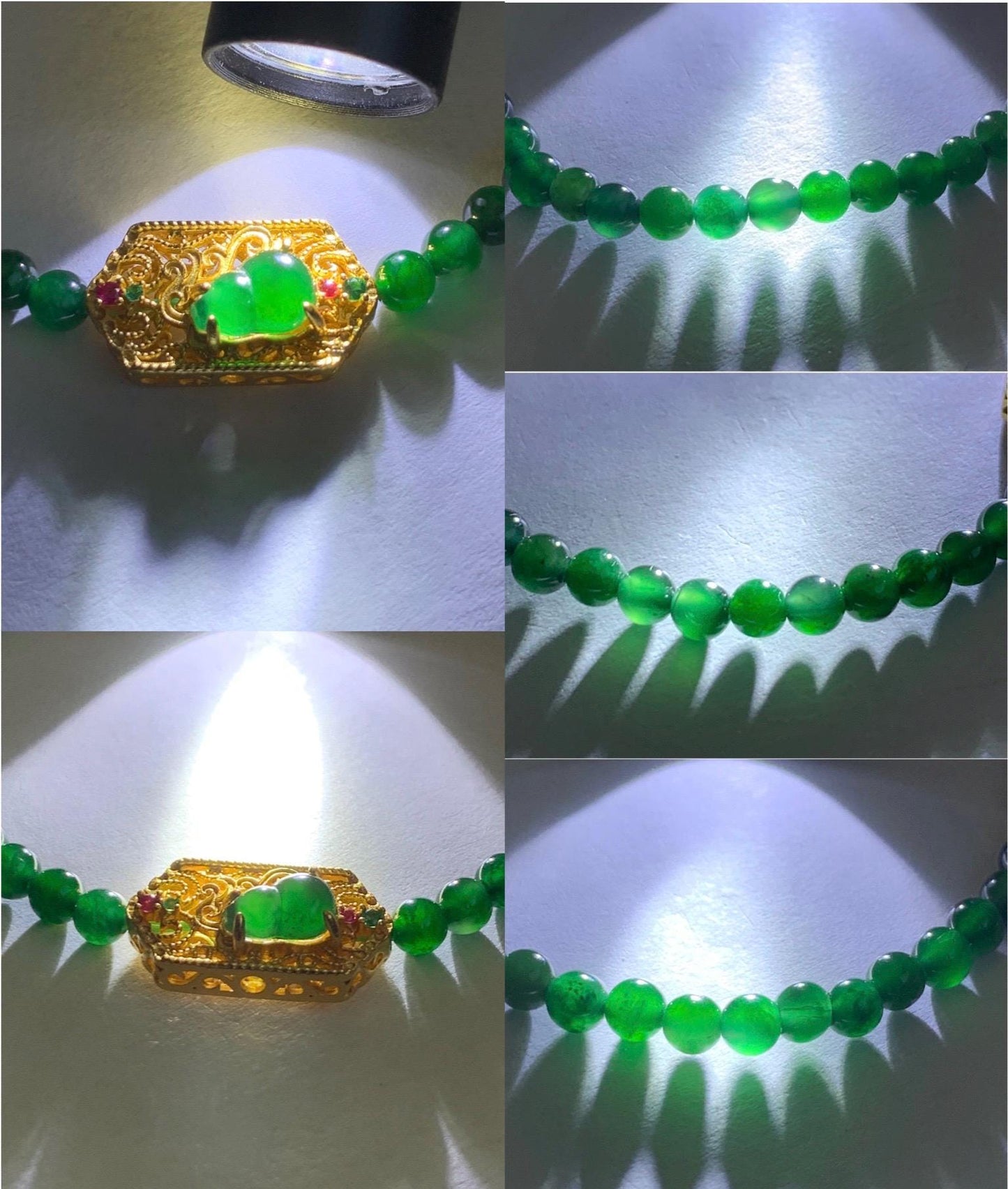 Natural Grade A Guatemalan Icy Green Jade Jadeite Petite Beads Gourd Charm Beaded Bracelet 3.8mm 6.75” Sterling Silver 天然冰危绿翡翠小圆珠葫芦潘多拉手串 CWH