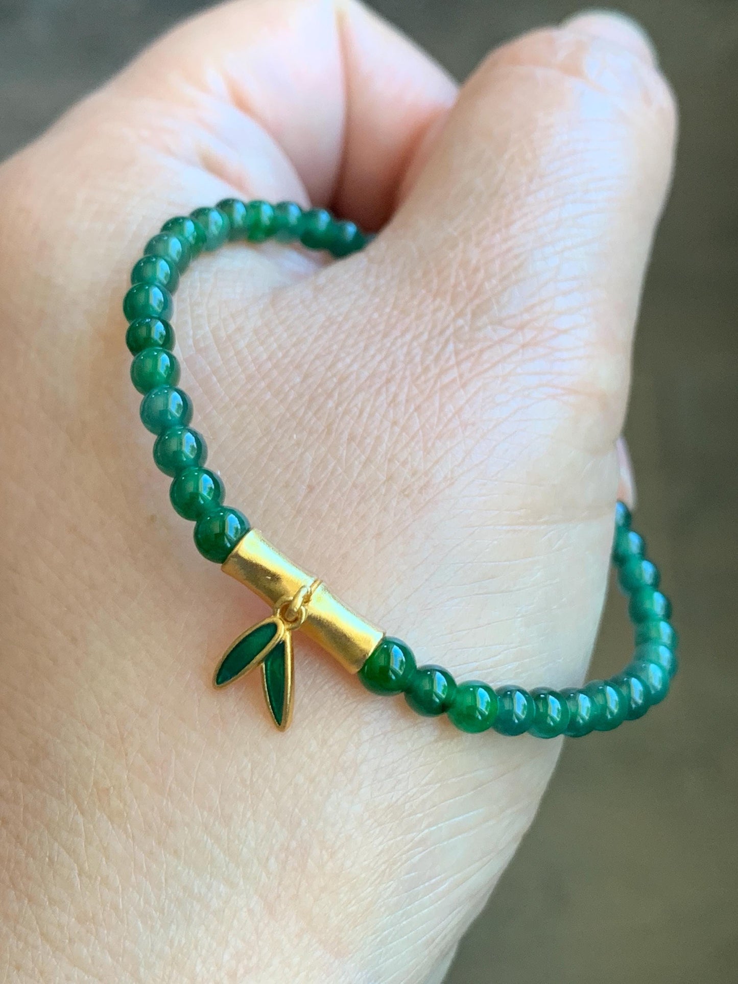 Natural Grade A Guatemalan Icy Green Jade Jadeite Petite Beads Bamboo Charm Beaded Bracelet 3.8mm 6.25” Sterling Silver 天然冰危绿翡翠小圆珠手串 CWZ130