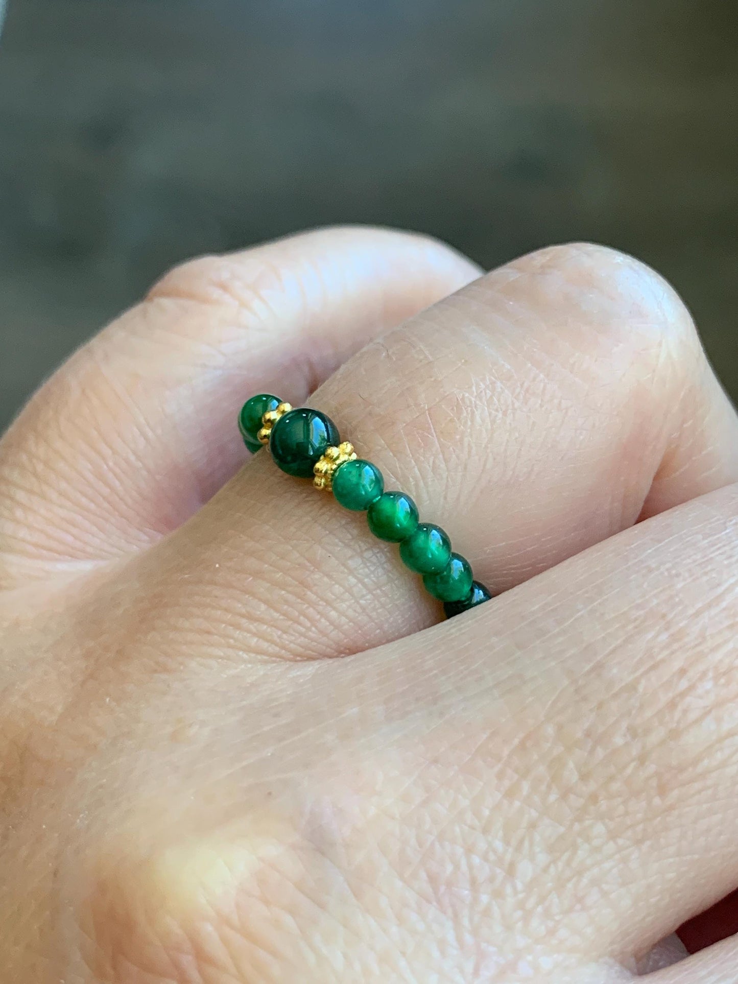 Natural Guatemalan Icy Translucent Vibrant Green Jade Jadeite Petite Beads Sterling Silver Beaded Band Ring Size 7 US 天然冰危绿翡翠小珠戒圈 WLJ-Z