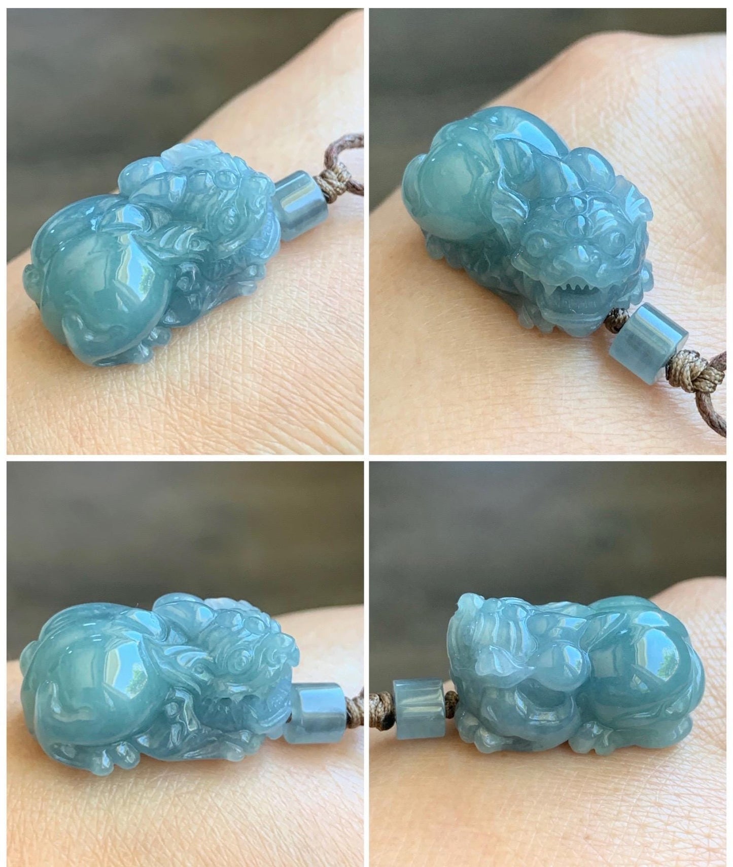Natural Grade A Icy Translucent Gelatinous Light Blue Jade Jadeite Carved Pixiu Pendant Rope Necklace 25" 12g 天然冰胶浅蓝翡翠精工貔貅吊坠 MTL