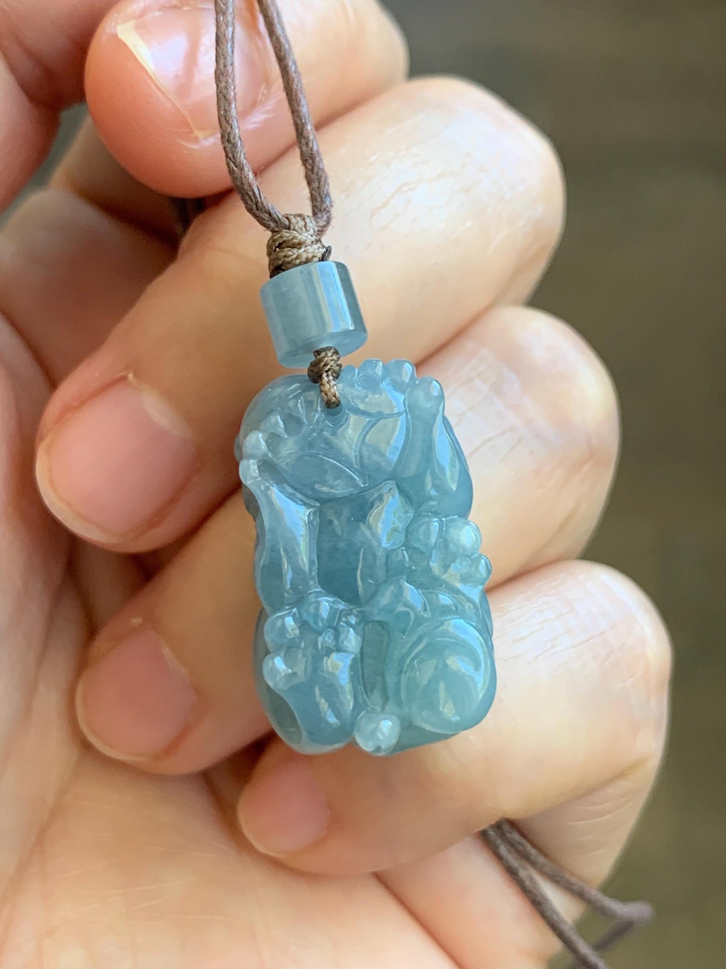 Natural Grade A Icy Translucent Gelatinous Light Blue Jade Jadeite Carved Pixiu Pendant Rope Necklace 25" 12g 天然冰胶浅蓝翡翠精工貔貅吊坠 MTL