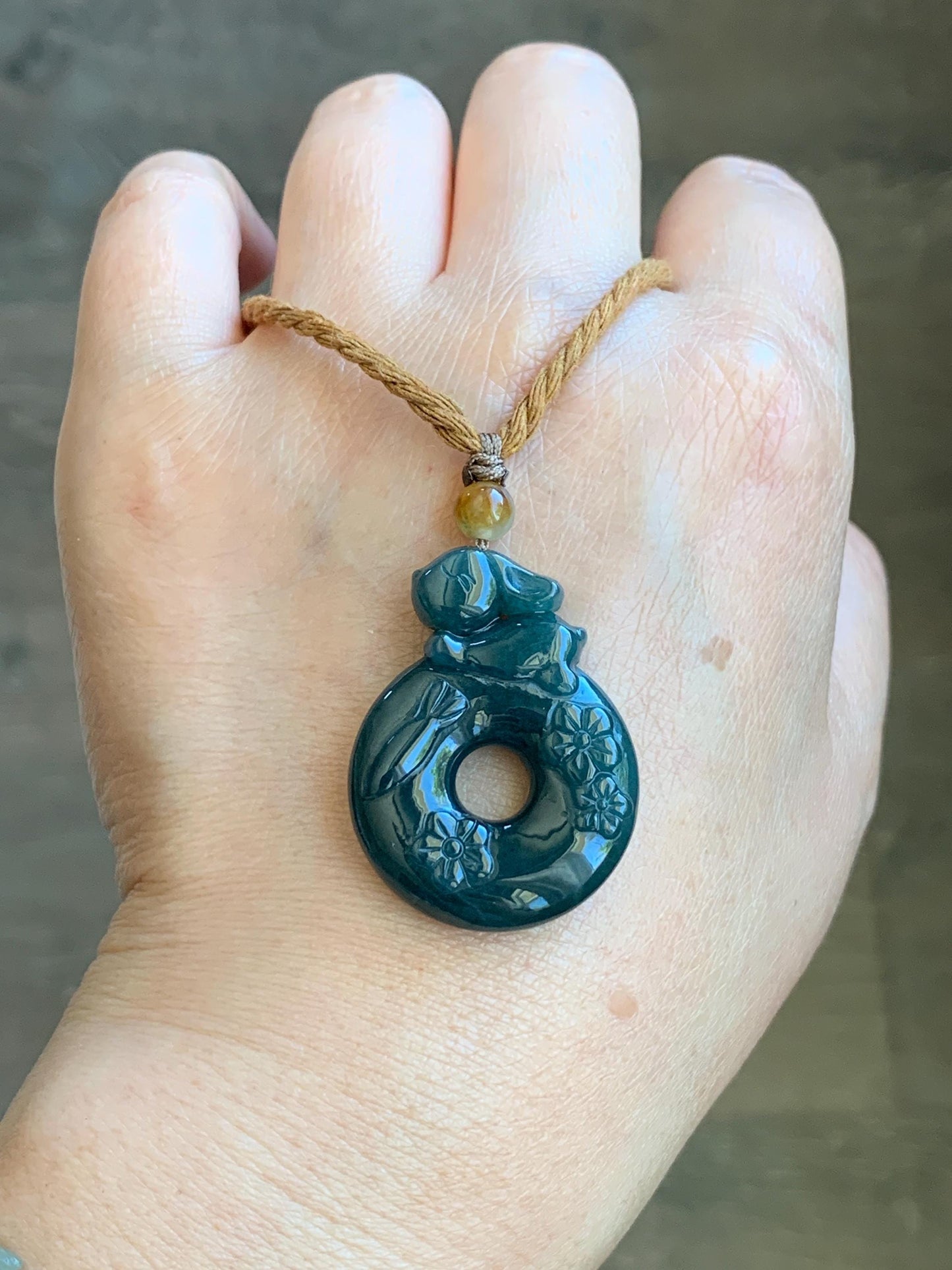 Natural Guatemalan Icy Translucent Deep Teal Blue Jadeite Rabbit Cherry Blossom Ping An Kou Donut Pendant Rope Necklace 天然冰危深蓝翡翠小兔梅花双面平安扣吊坠